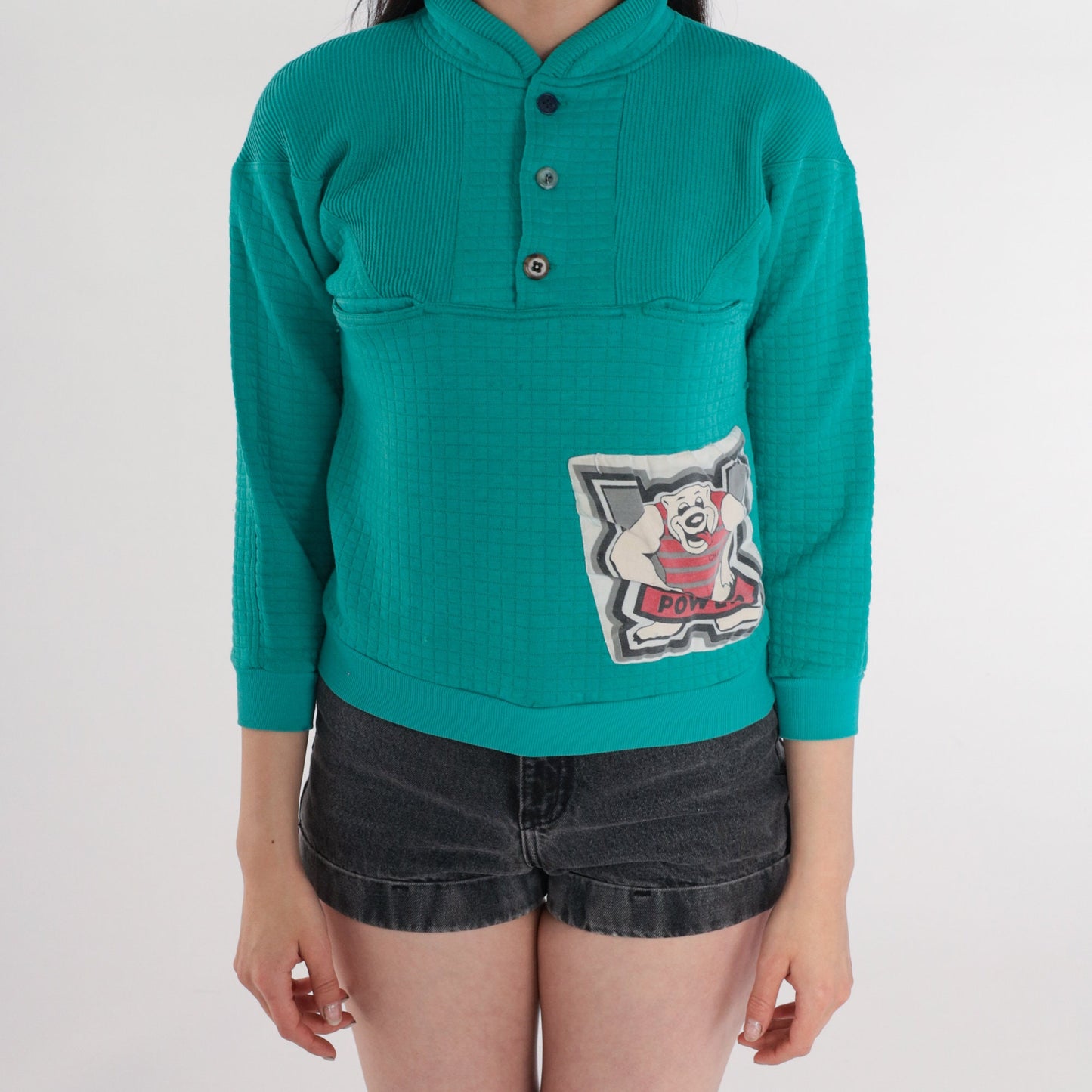 90s Bear Henley Sweatshirt Teal Quilted Quarter Button Pocket Pullover XXS