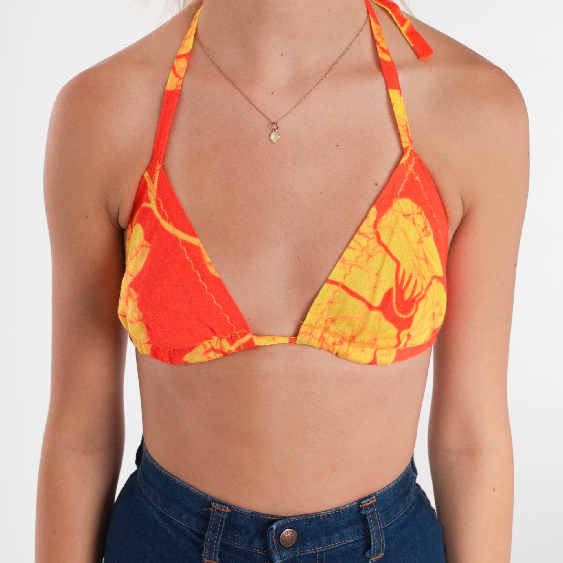 70s Tropical Floral Bikini Top Halter Neck Orange Yellow Triangle Small