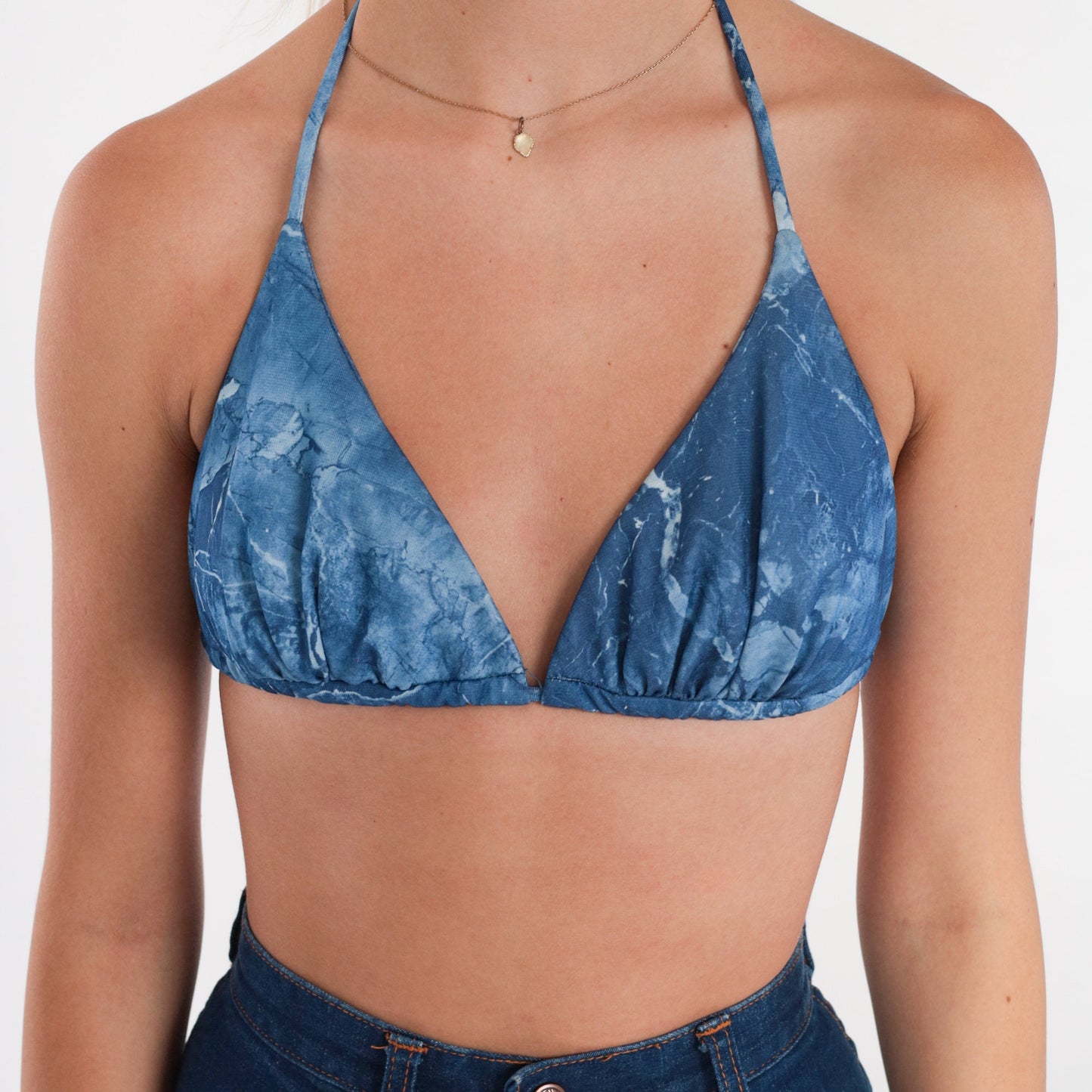 90s Blue Marble Tie Dye Halter Bikini Top Triangle Cups Small