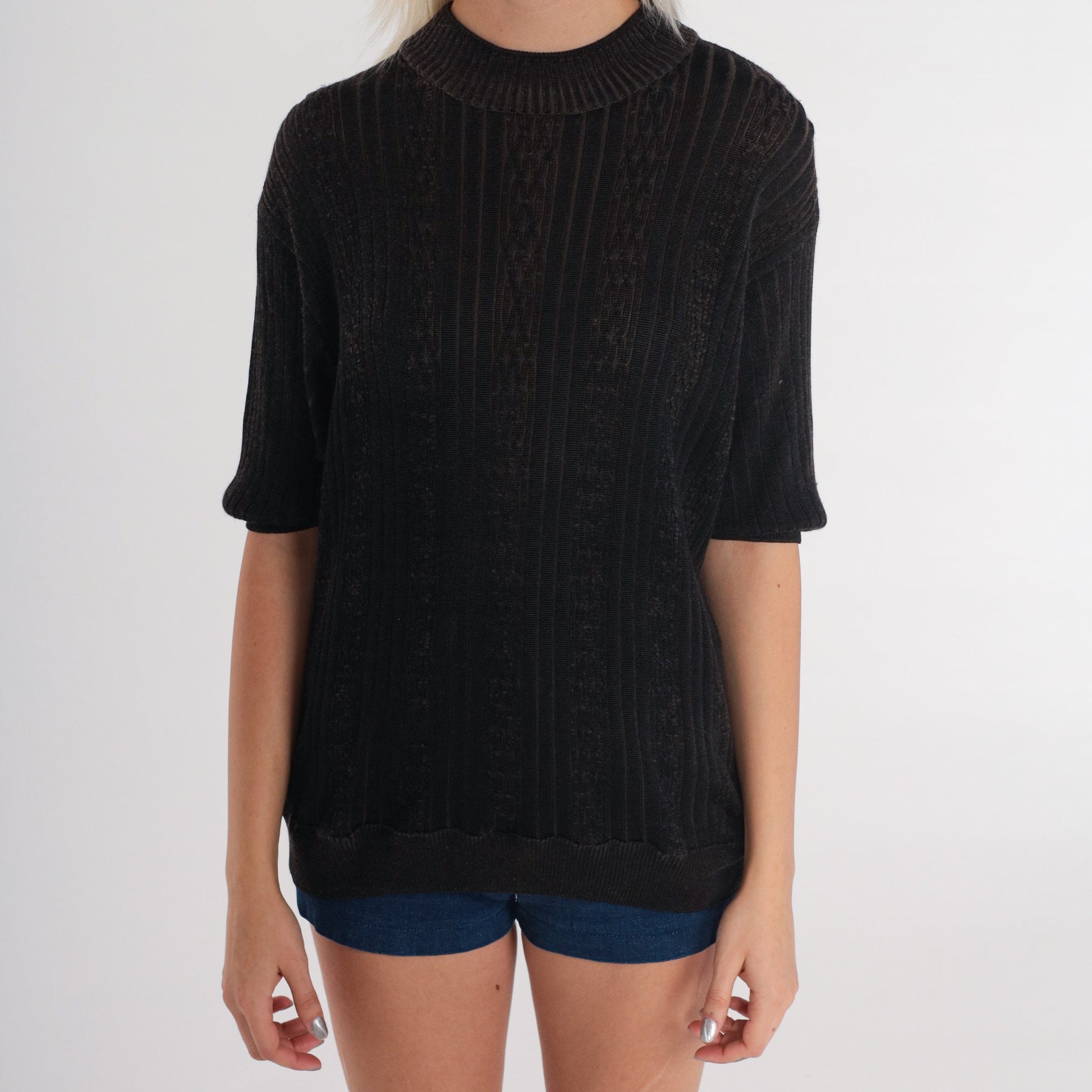80s Black Cable Knit Short Sleeve Sweater Top Large L