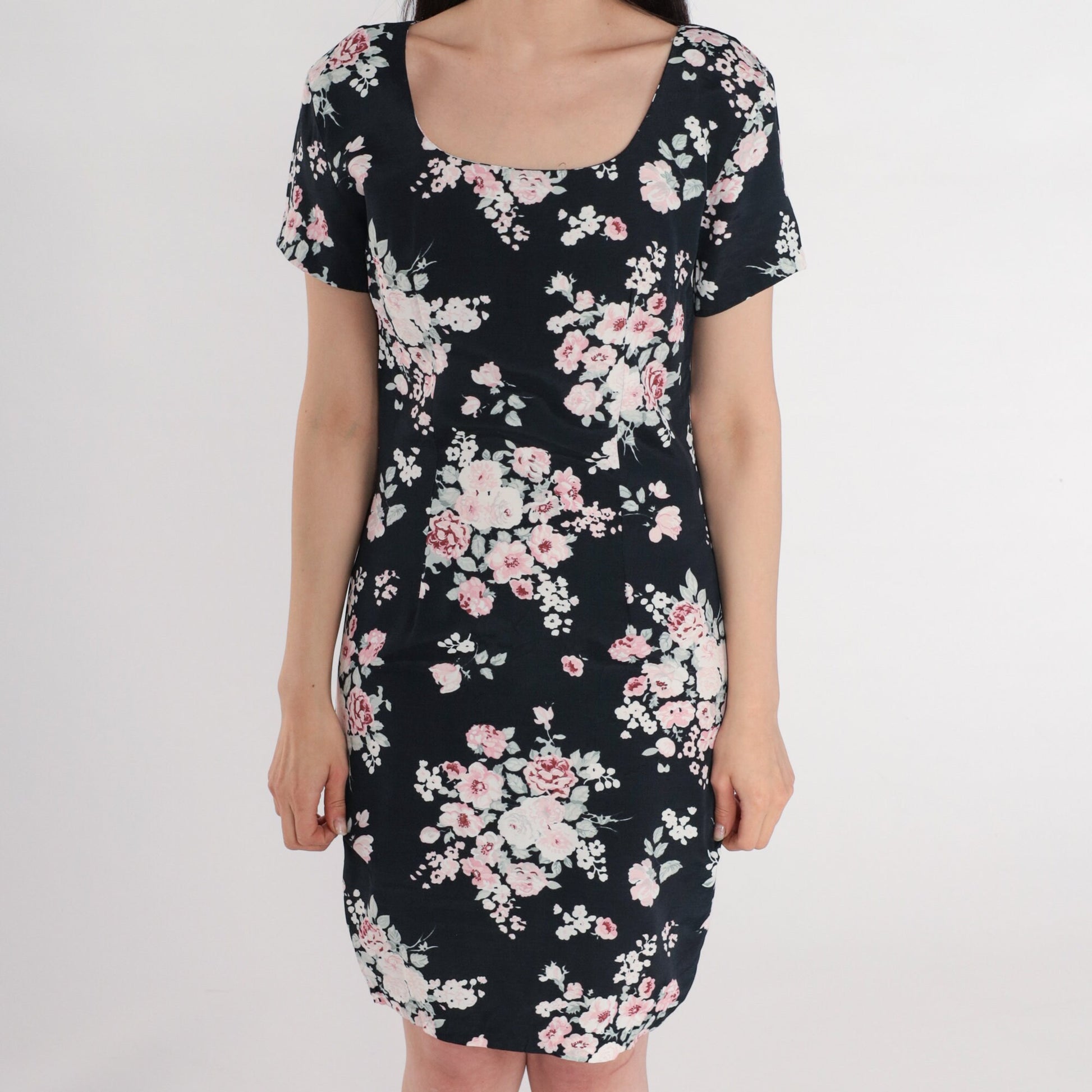 90s All That Jazz Floral Mini Dress Black Bodycon Short Sleeve Small