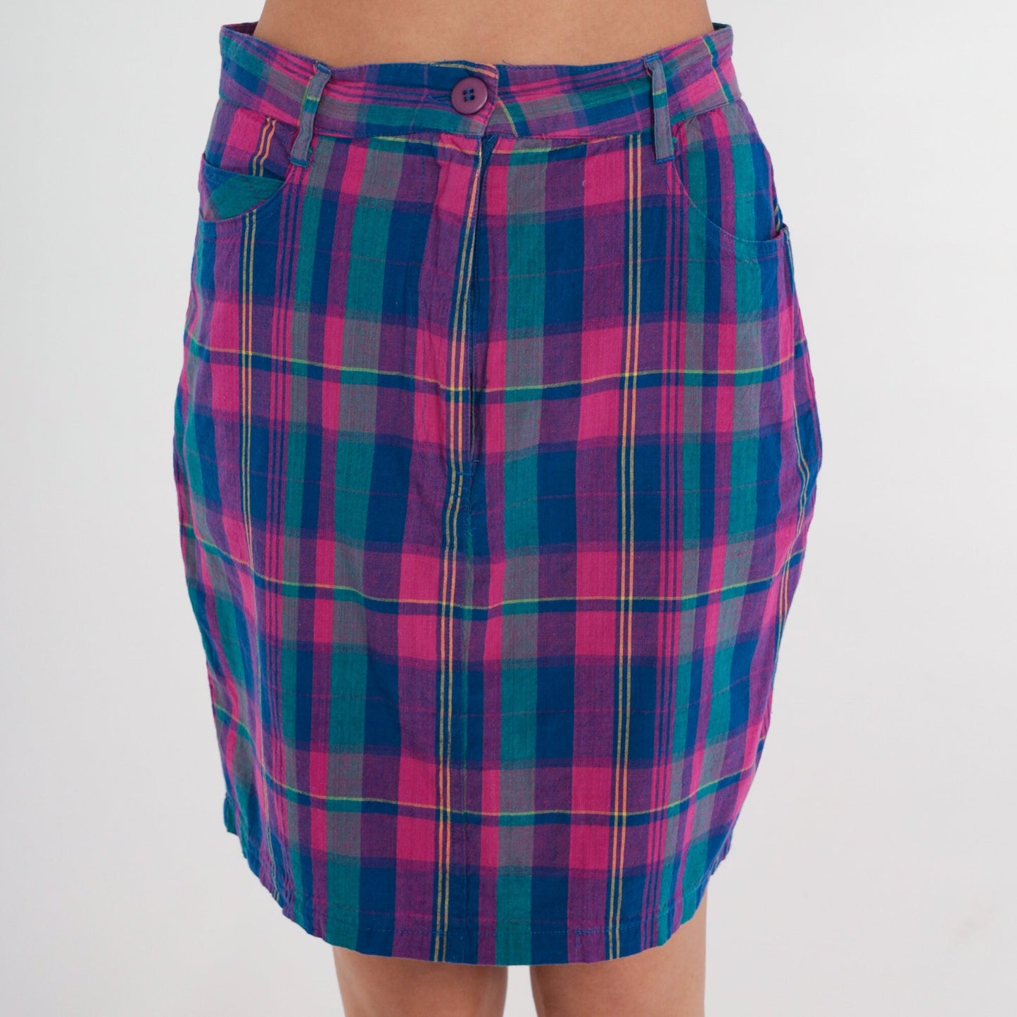 90s Plaid Mini Skirt High Waisted Pencil Checkered Pink Blue Cotton Small