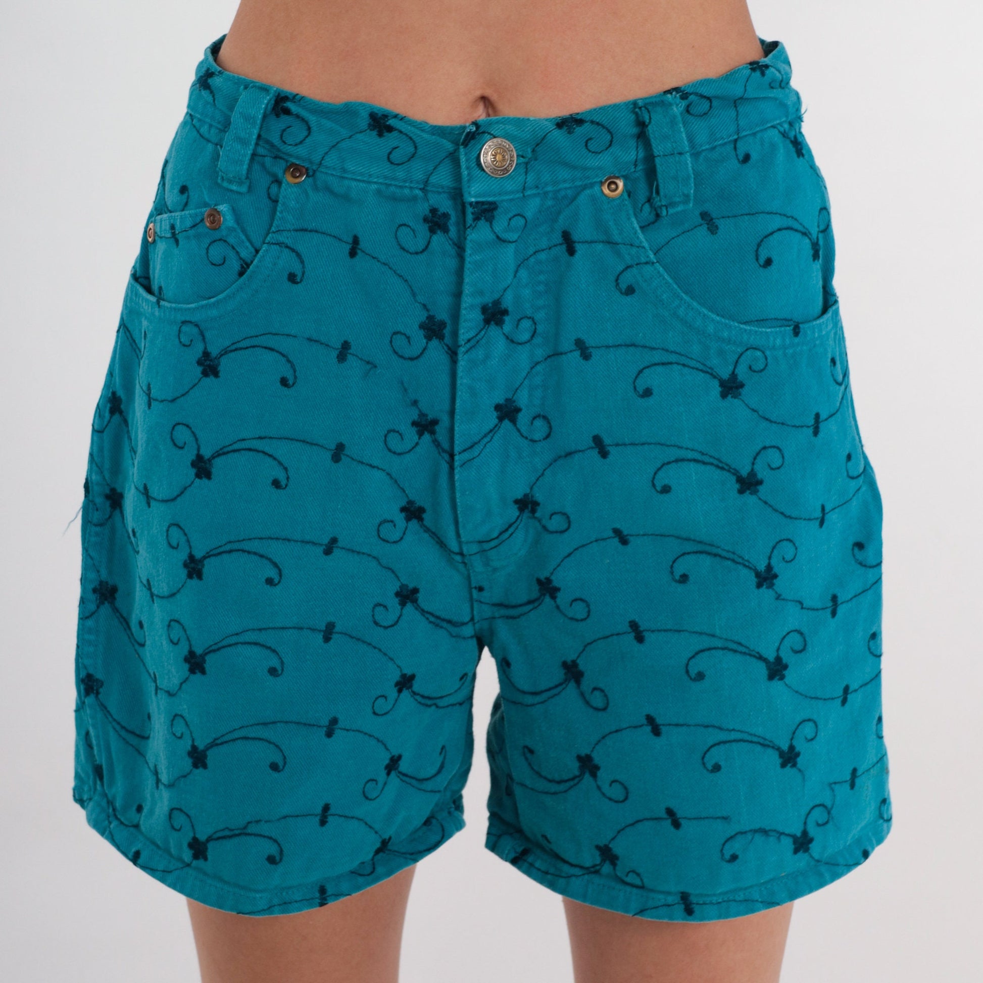 90s Teal Floral Embroidered Denim Shorts High Waist Small