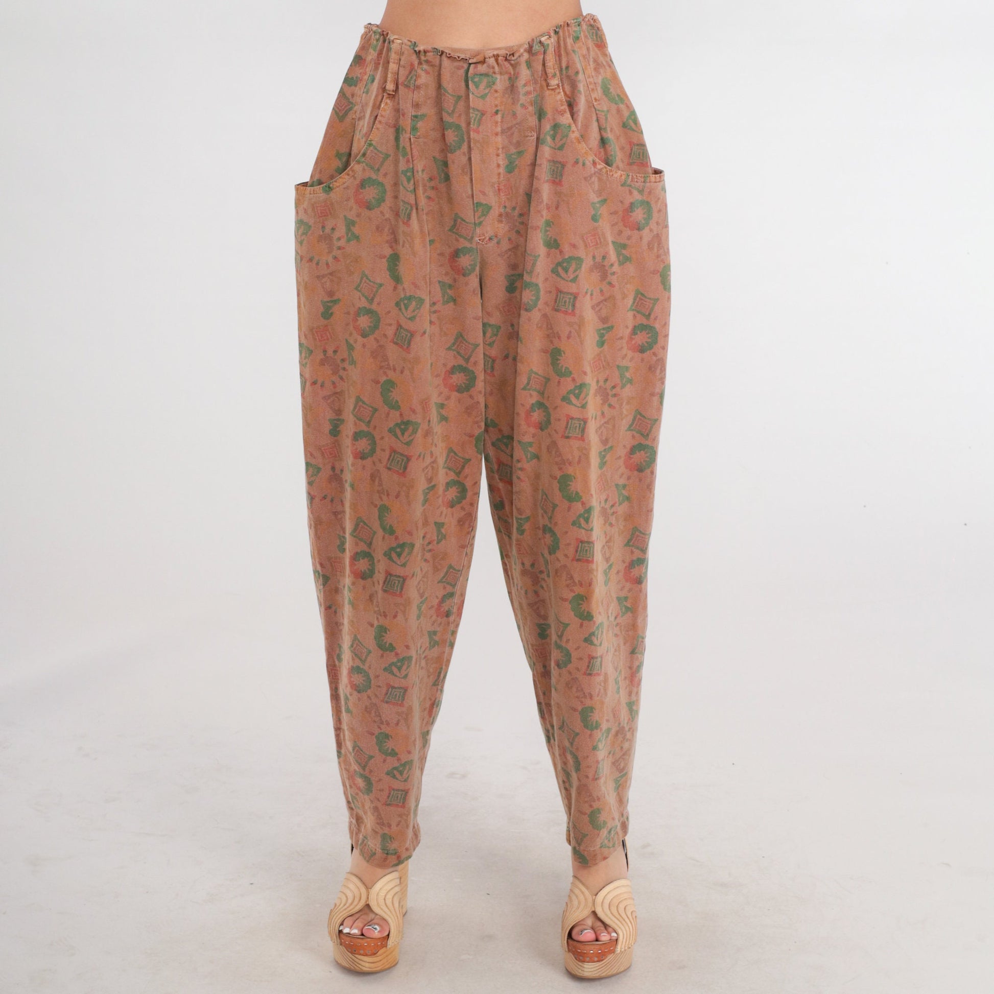 90s Parachute Pants Brown Geometric High Waist Baggy Tapered Small Medium