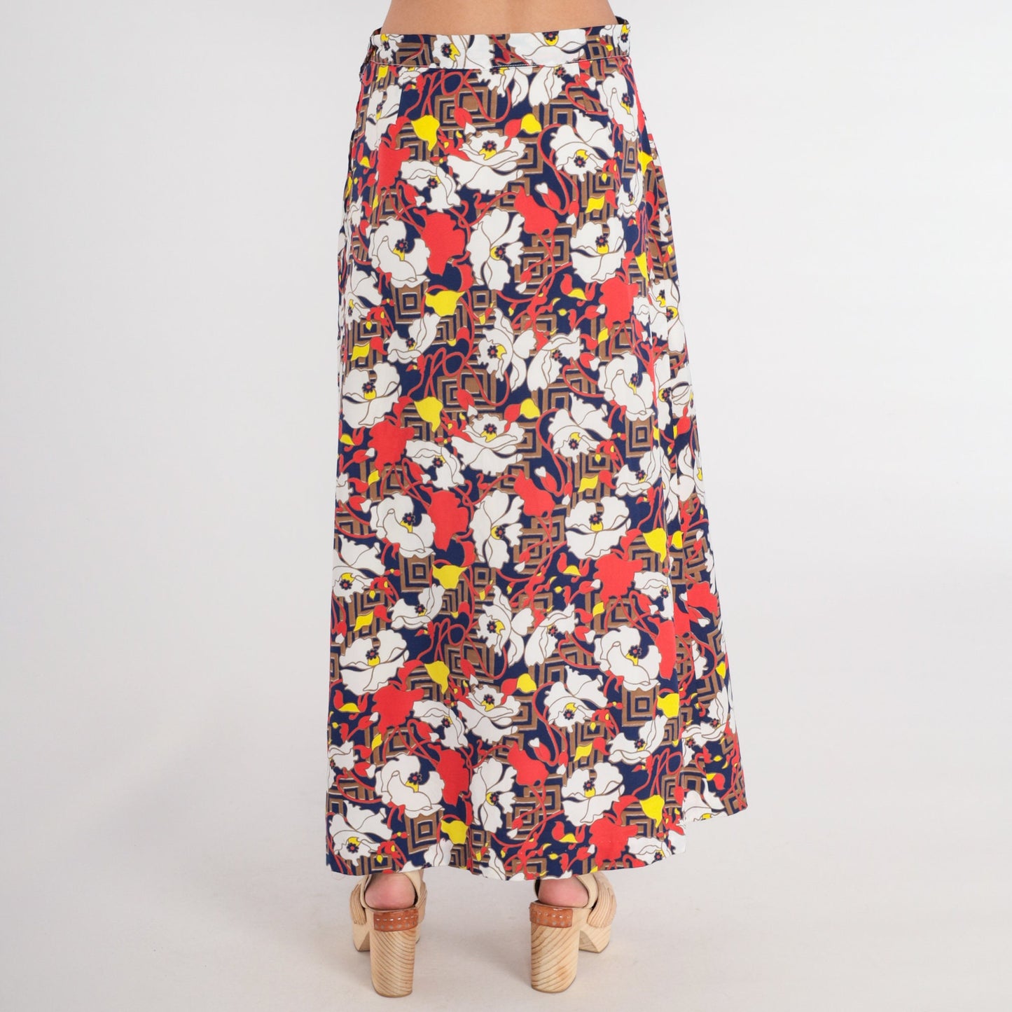 70s Psychedelic Floral Maxi Skirt High Waist Zipper Red White Blue Medium