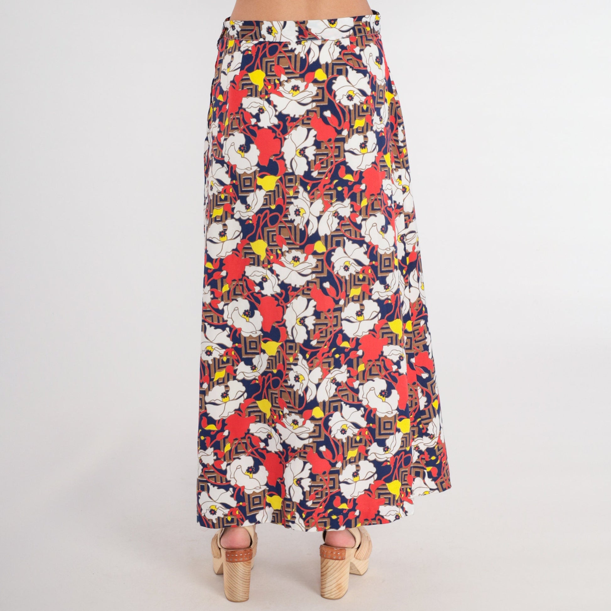 70s Psychedelic Floral Maxi Skirt High Waist Zipper Red White Blue Medium