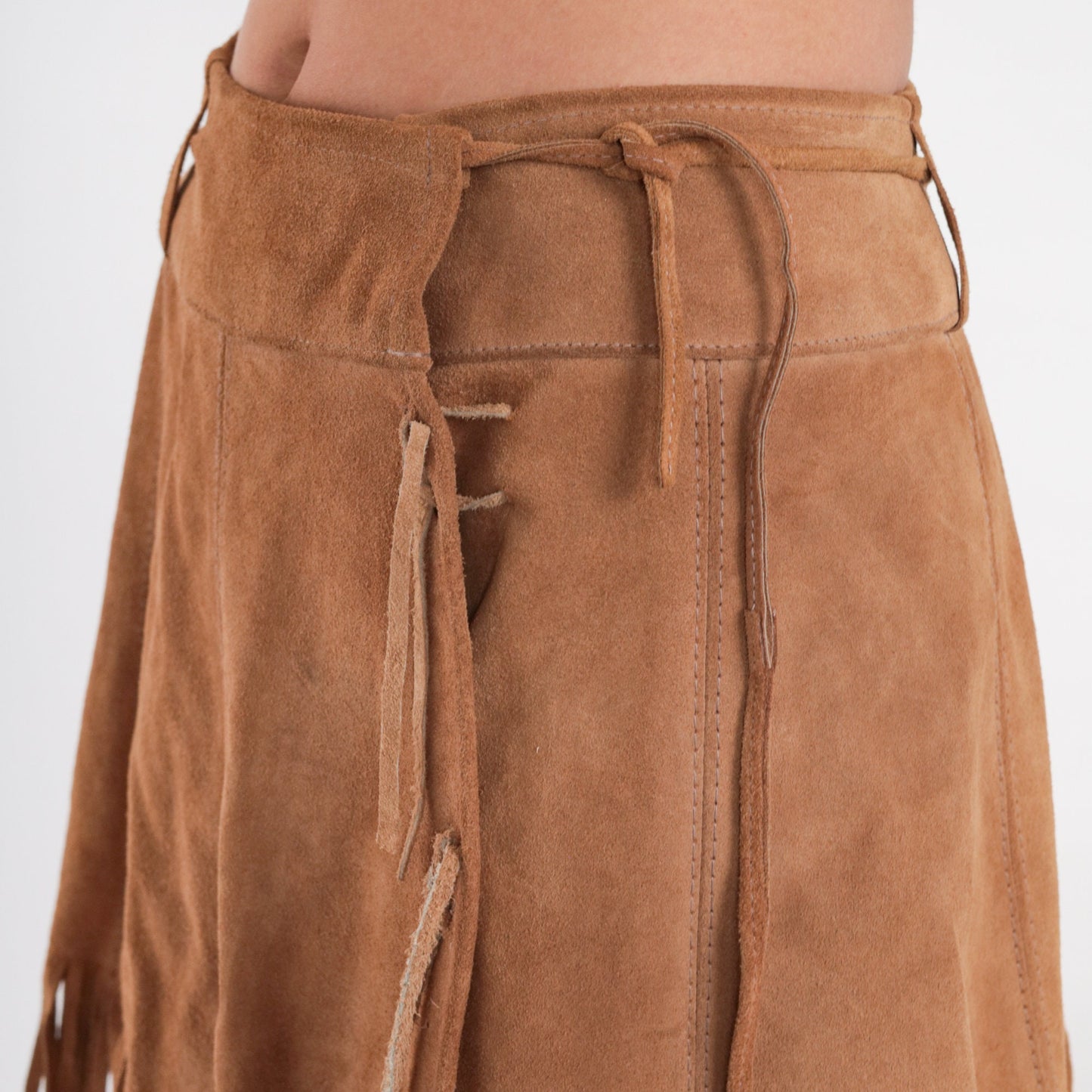 80s Brown Suede Fringe Mini Skirt Wrap High Waist Extra Small