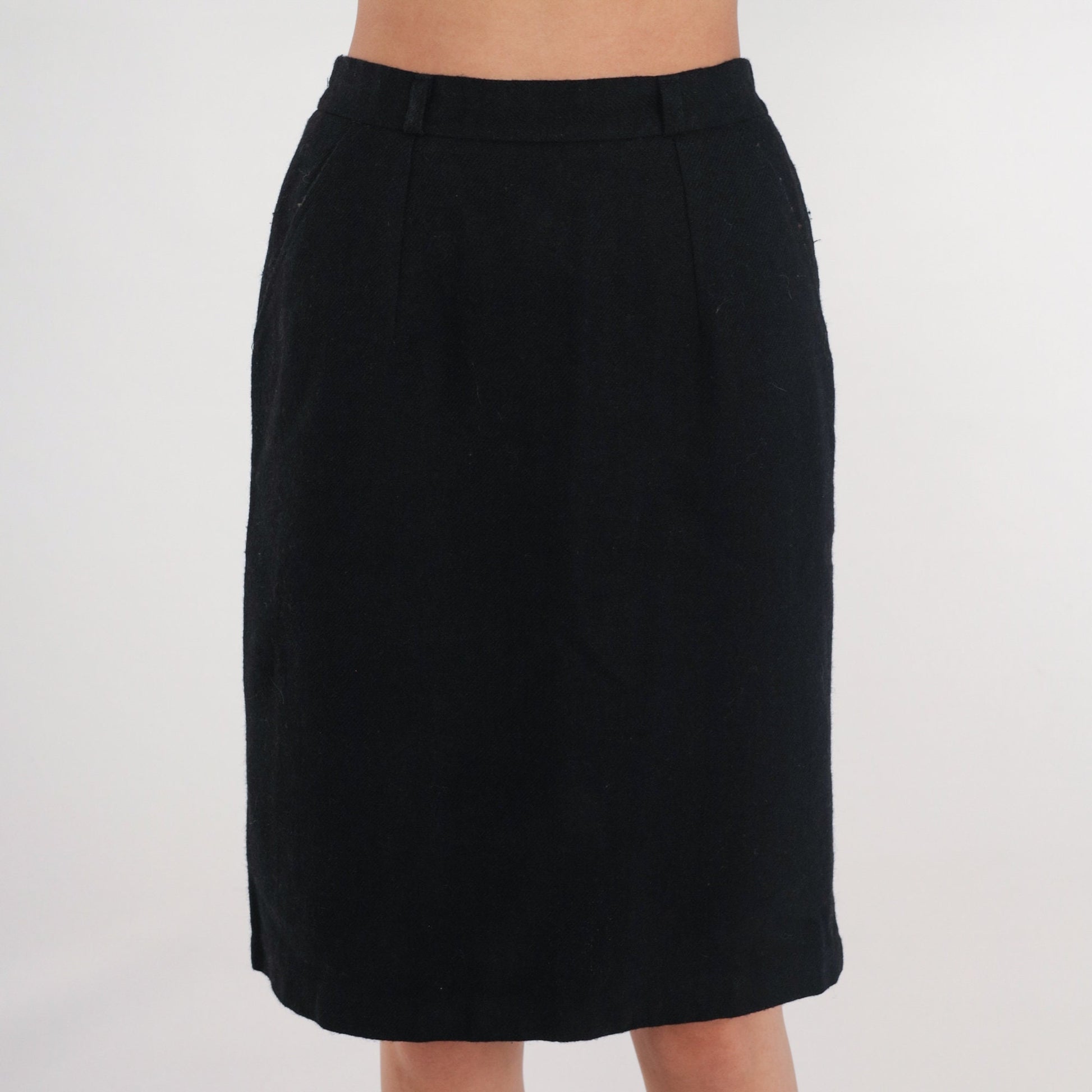 90s Black Wool Pencil Mini Skirt High Waist Rear Zip Extra Small