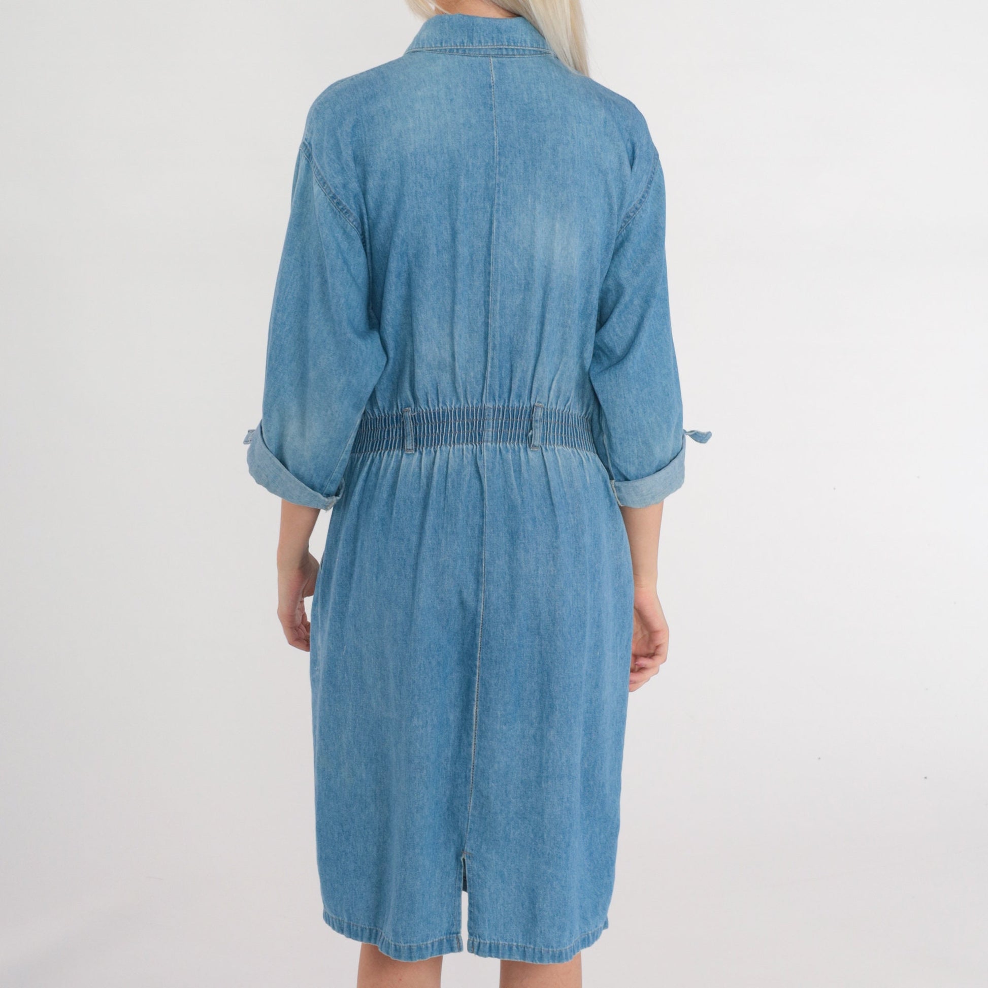 80s Dreams Blue Denim Button-Up Shirtdress Knee Length Cotton Medium