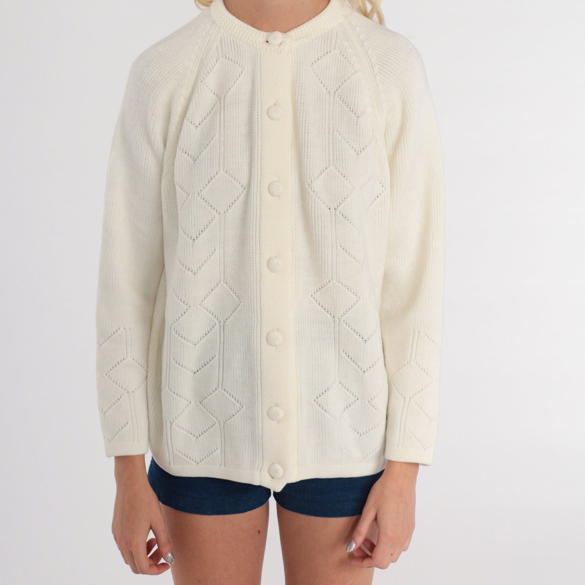 60s White Pointelle Cardigan Raglan Geometric Cutout Knit Small