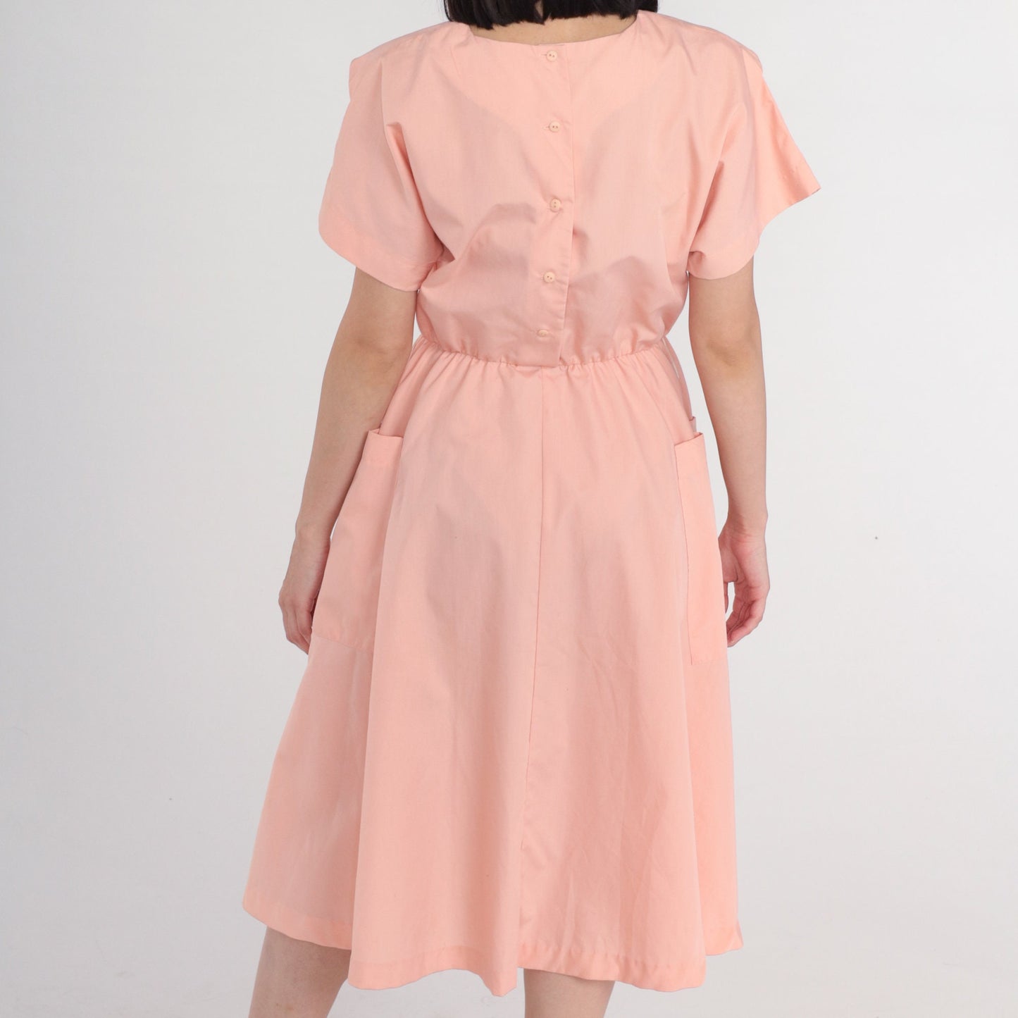 80s Pink Midi Dress High Waist Short Sleeve Pockets Medium M