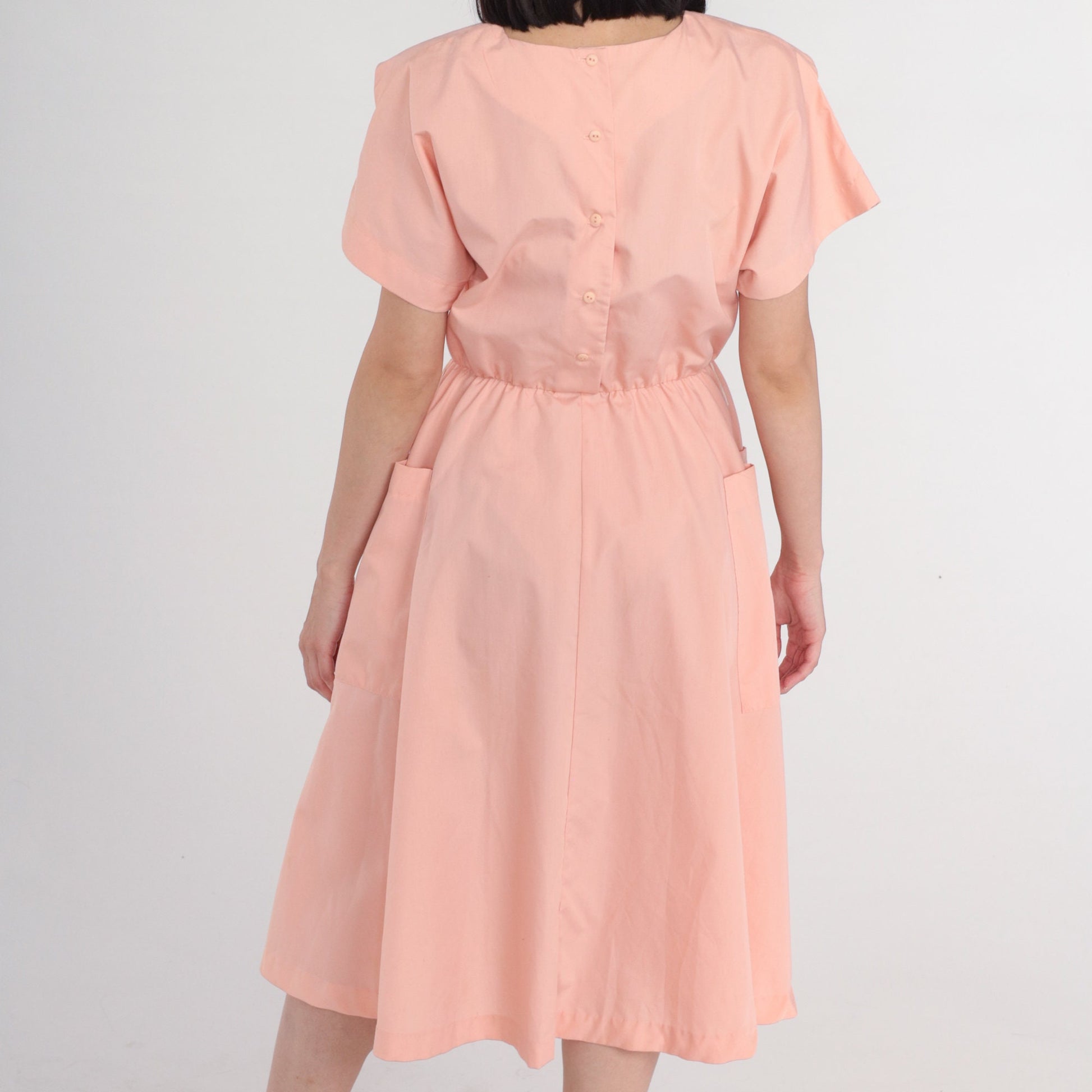 80s Pink Midi Dress High Waist Short Sleeve Pockets Medium M