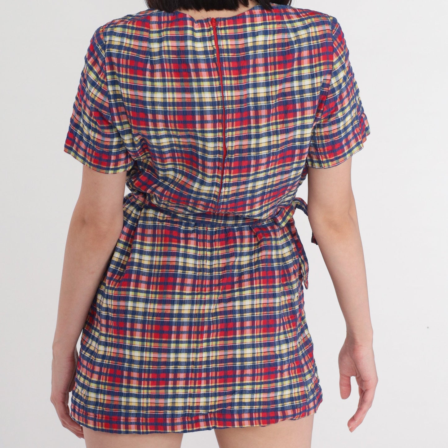 60s Plaid Mini Dress High Waisted Mod Red Blue Checkered Medium M