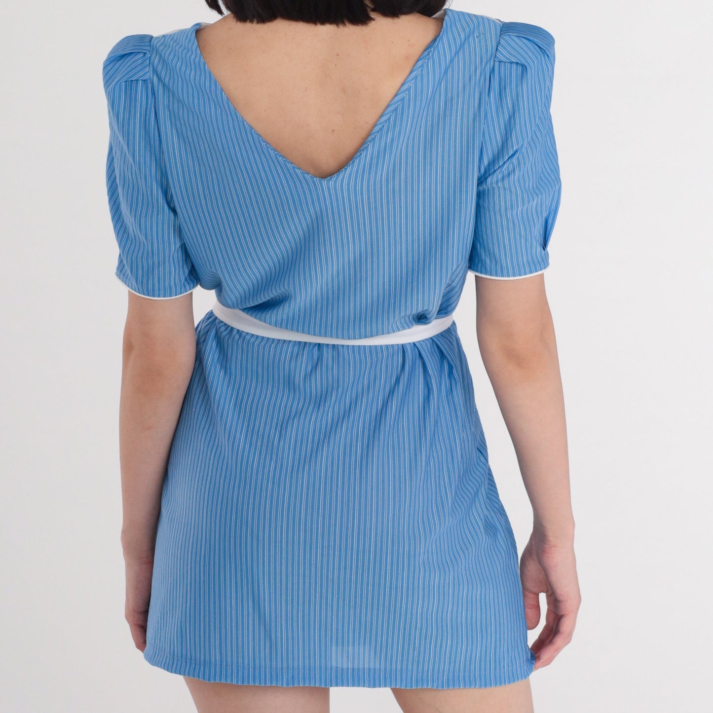 80s Blue Striped Mini Dress Puff Sleeve White Bib Tie Belt Medium
