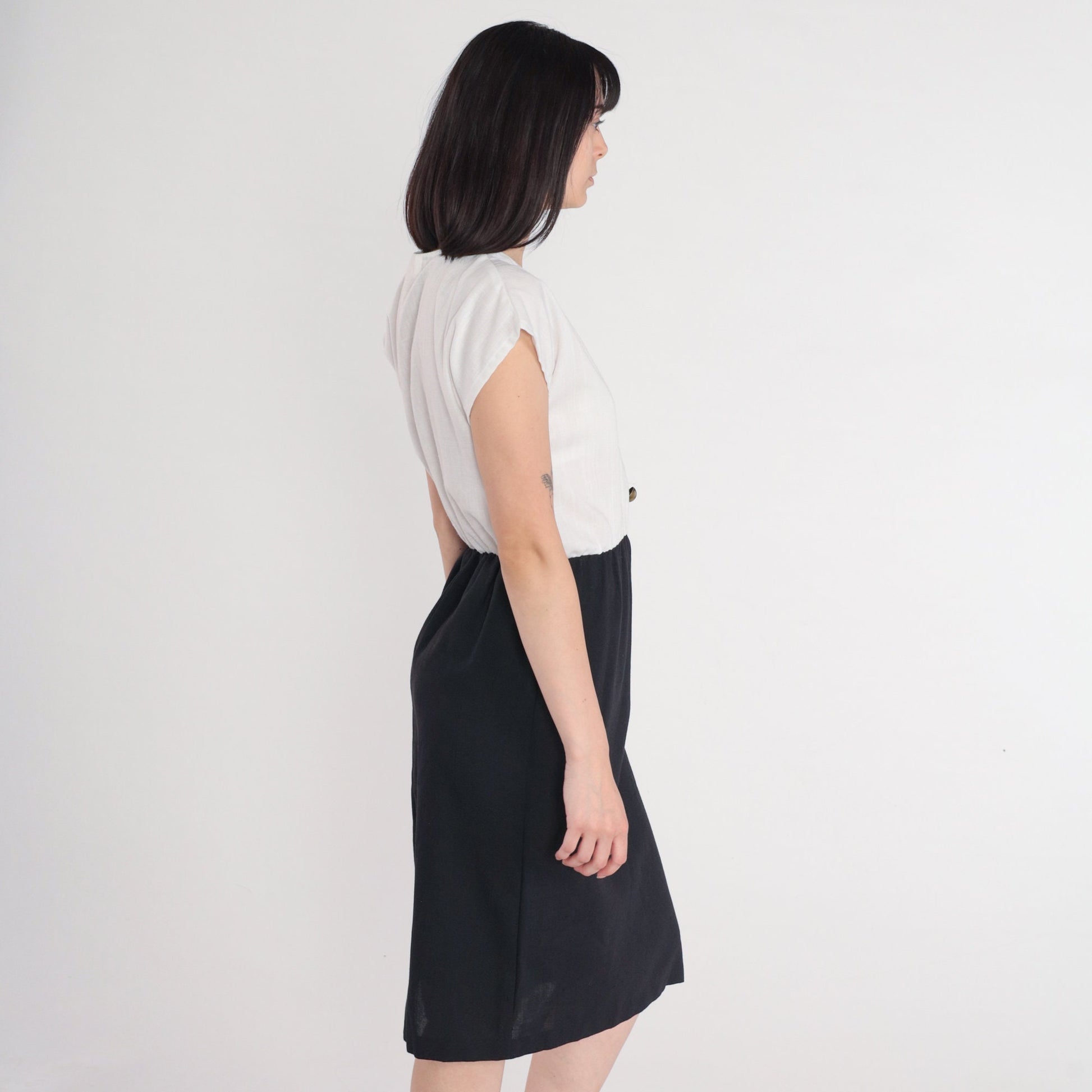 80s Justin Thyme Button-Up Midi Dress Black White Cap Sleeve Medium