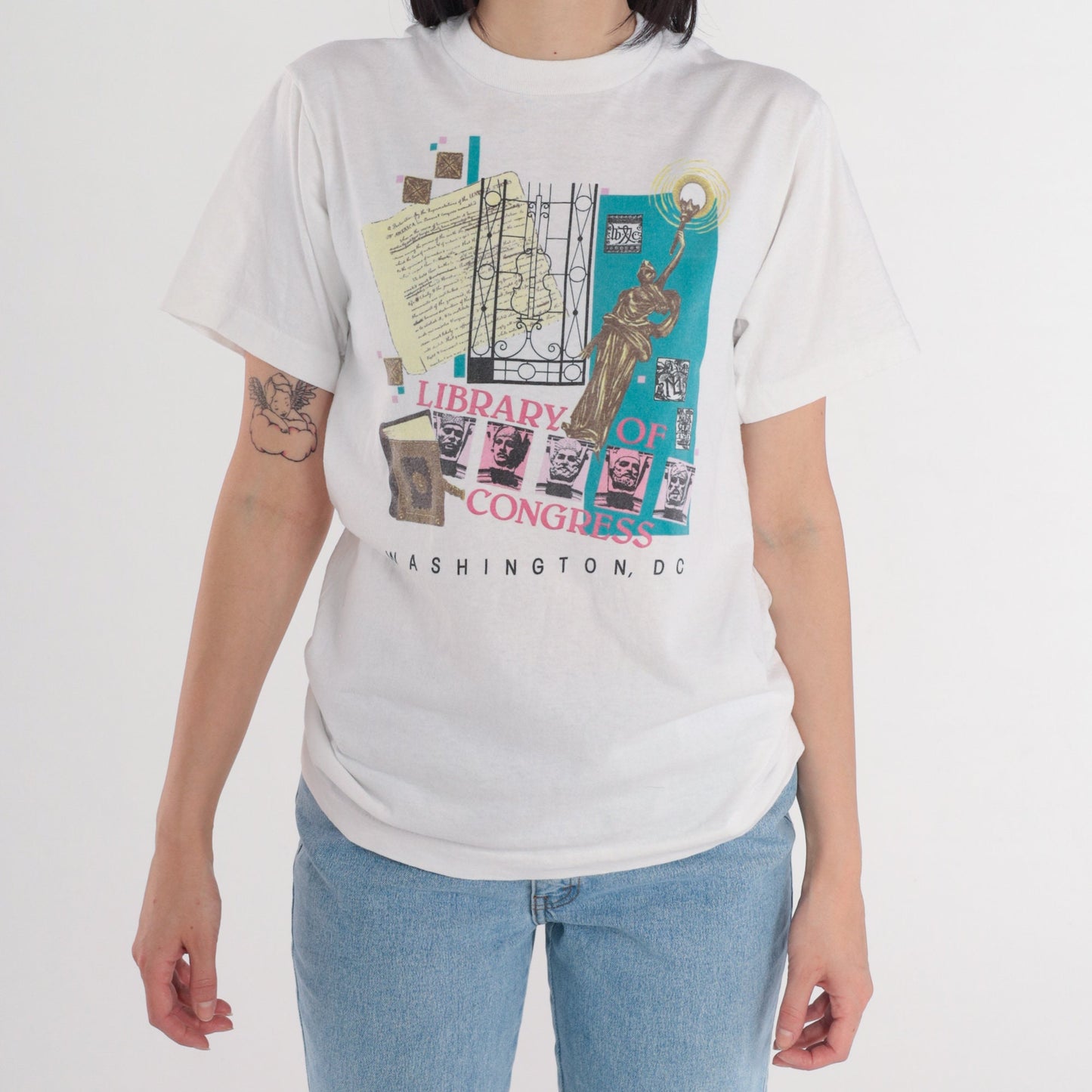 90s Library of Congress Washington DC Graphic Tee White Cotton Medium M