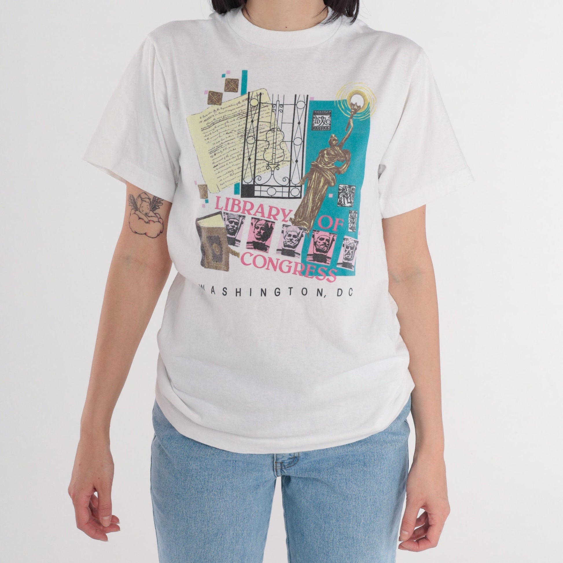 90s Library of Congress Washington DC Graphic Tee White Cotton Medium M