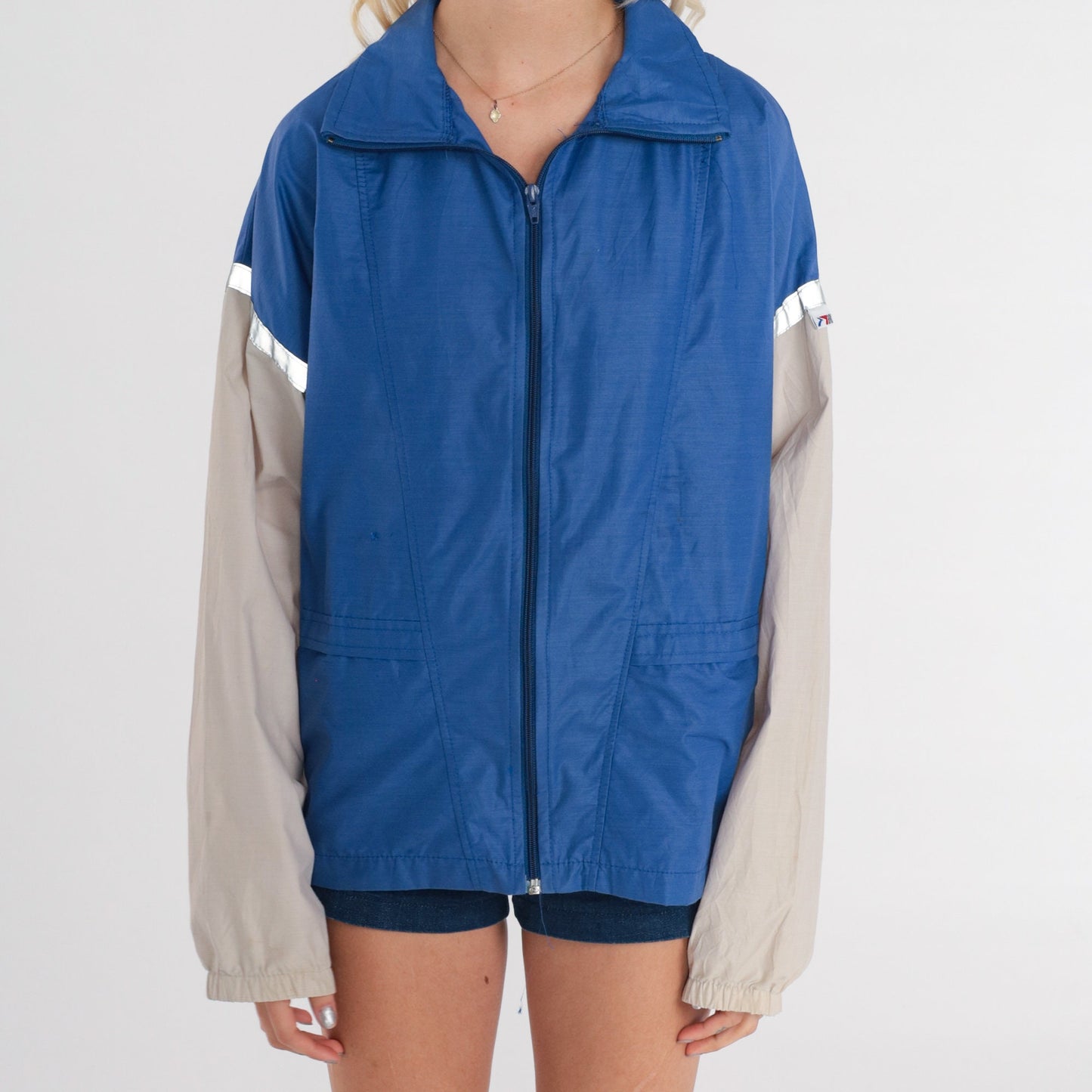 80s Brooks Color Block Windbreaker Blue Grey Reflective Jacket Large L