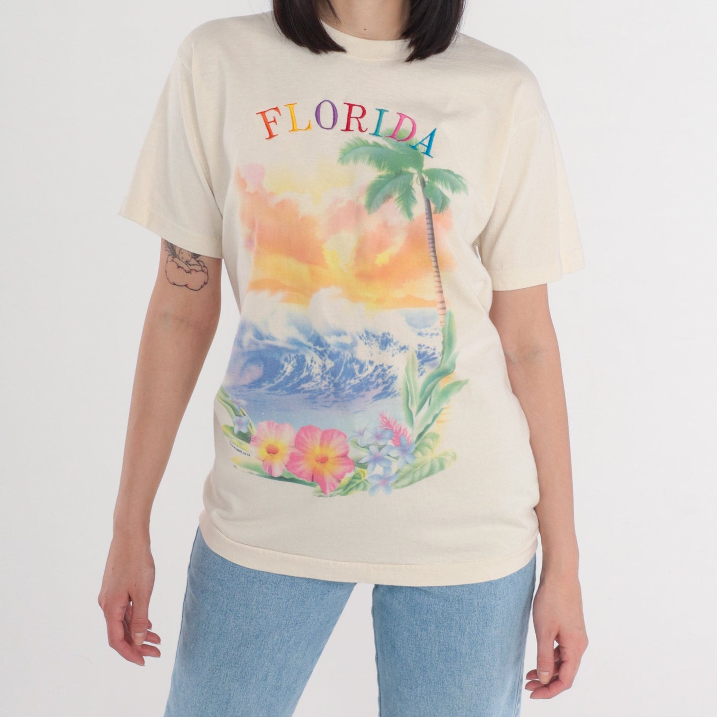 90s Florida Tropical Palm Tree Graphic T-Shirt Single Stitch Medium
