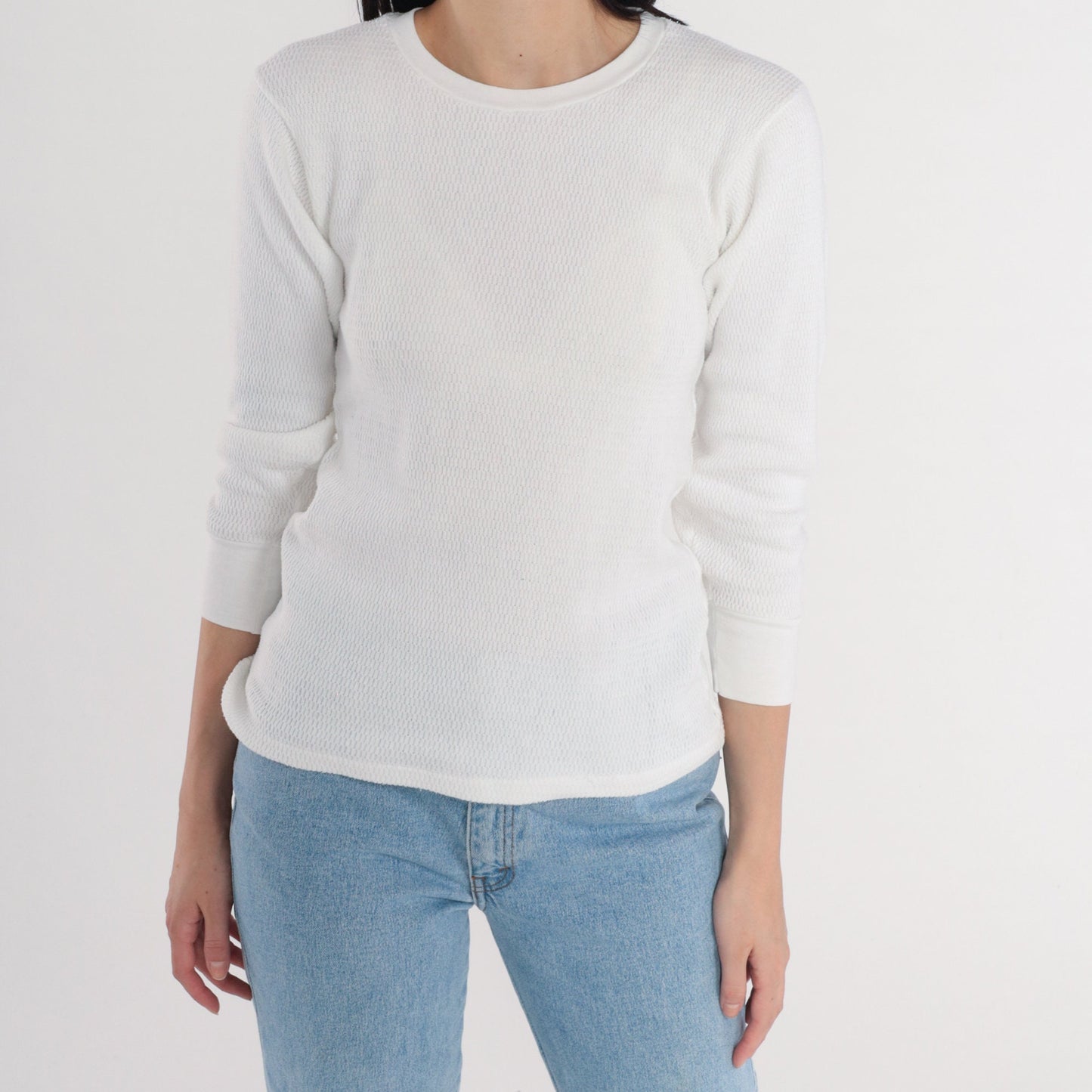 80s Munsingwear White Thermal Waffle Knit Long Sleeve Tee Small
