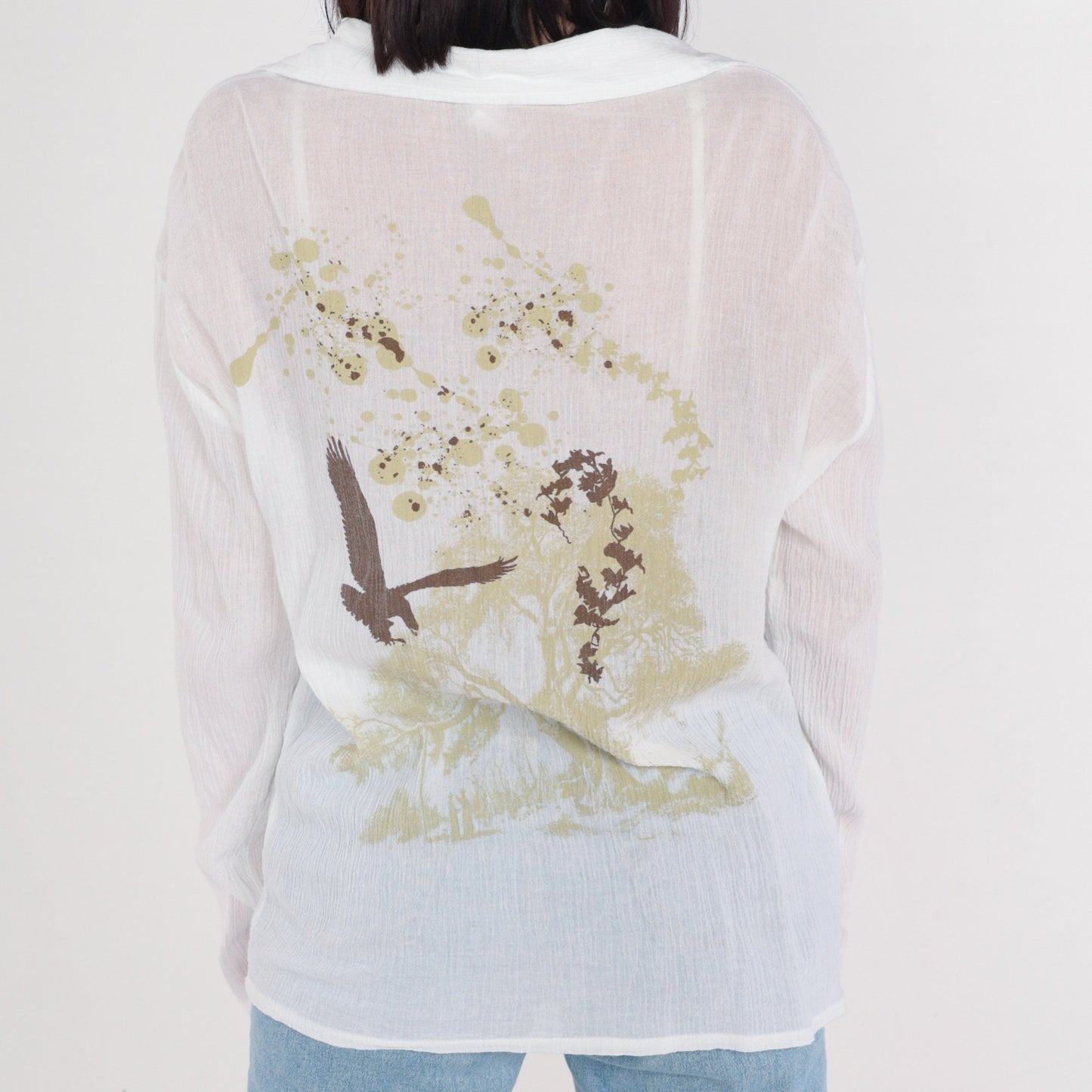 Y2K Bird Tree Print Blouse White Cotton Long Sleeve Collared V Neck Large L