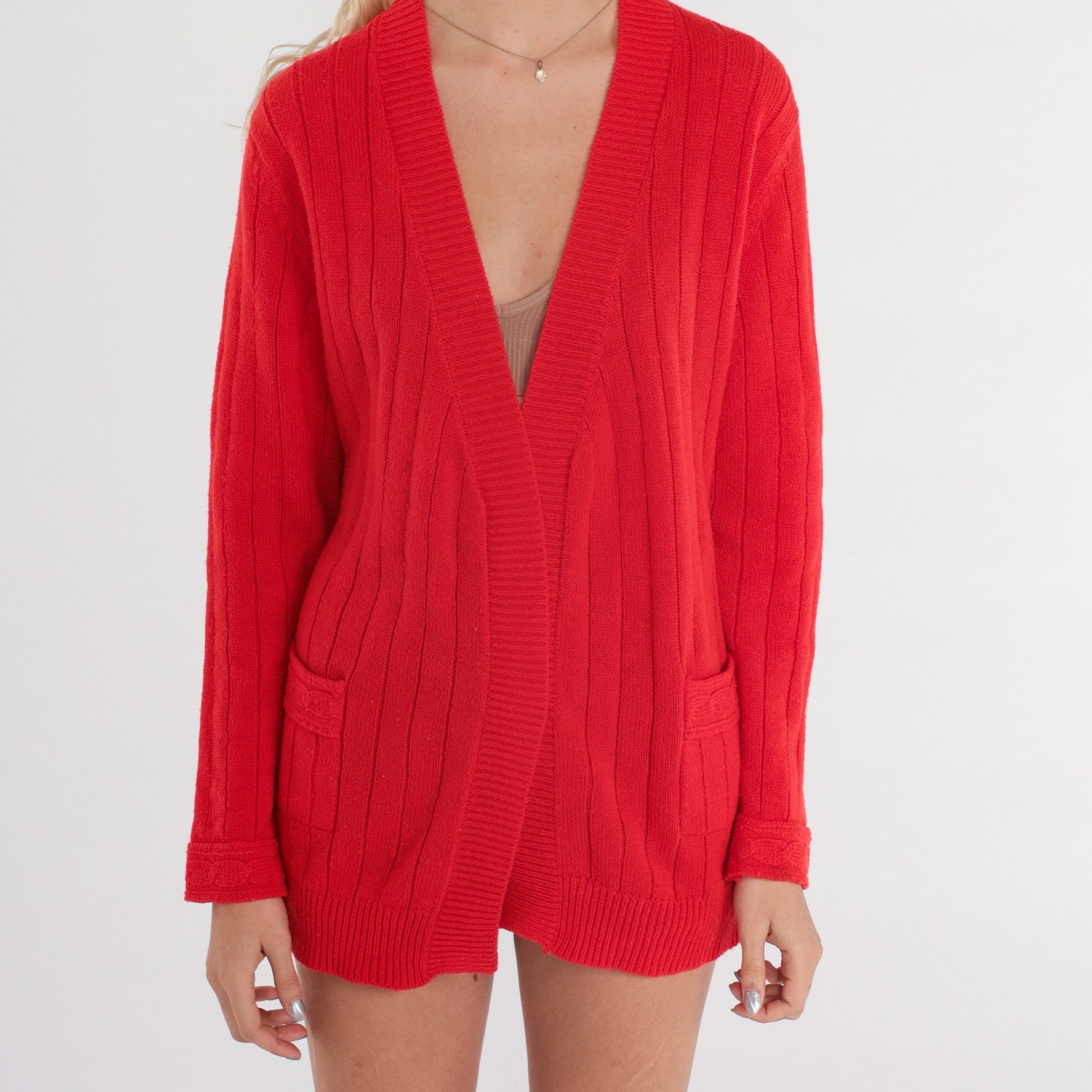 70s Red Wrap Cardigan Knit Sweater Small S
