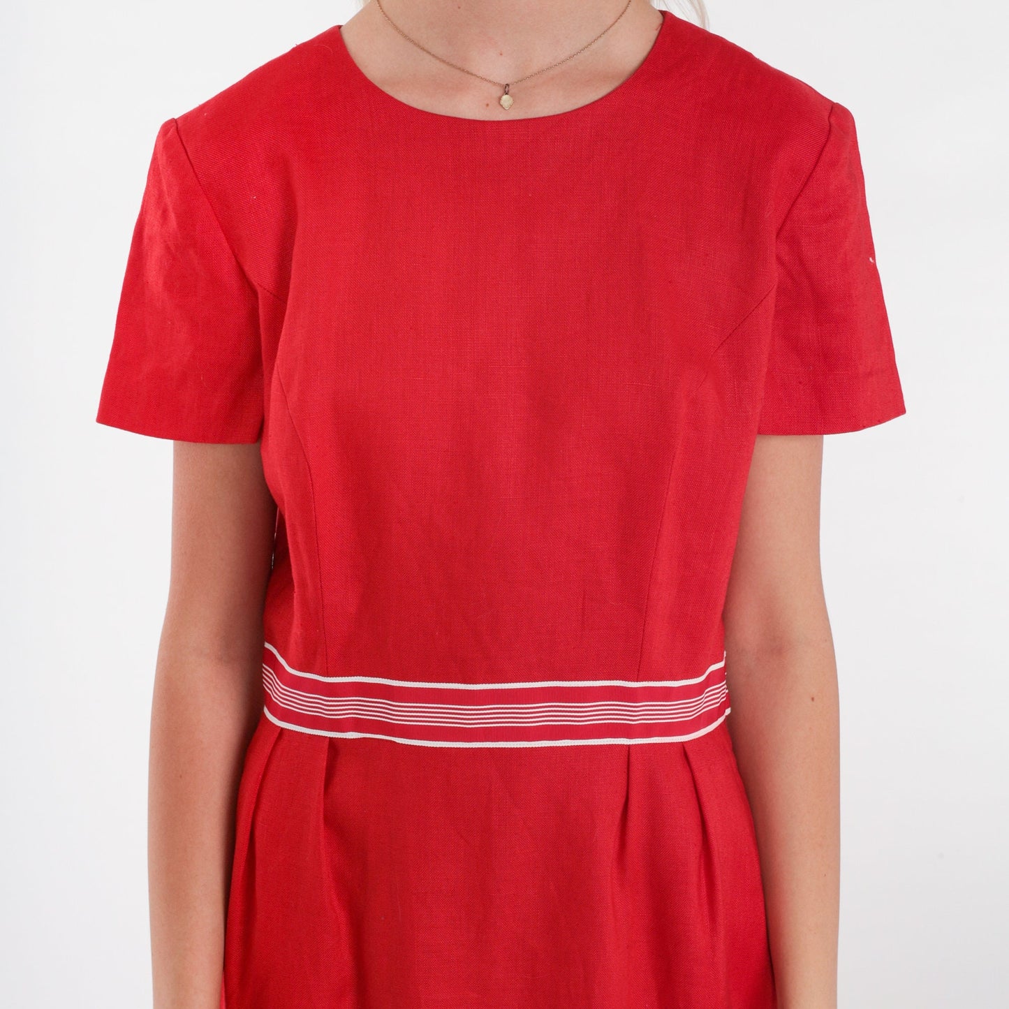 00s Red Linen Midi Dress Keyhole Cutout Bow Short Sleeve Small 6