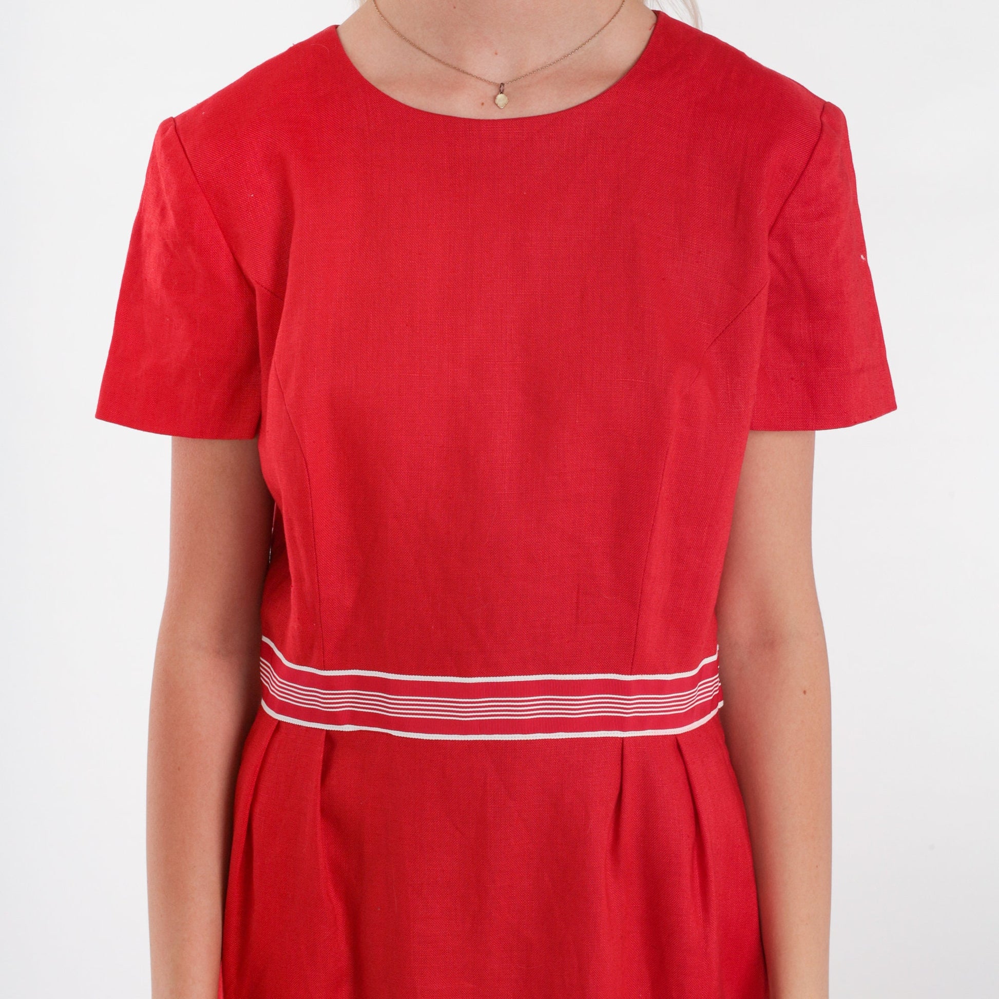 00s Red Linen Midi Dress Keyhole Cutout Bow Short Sleeve Small 6
