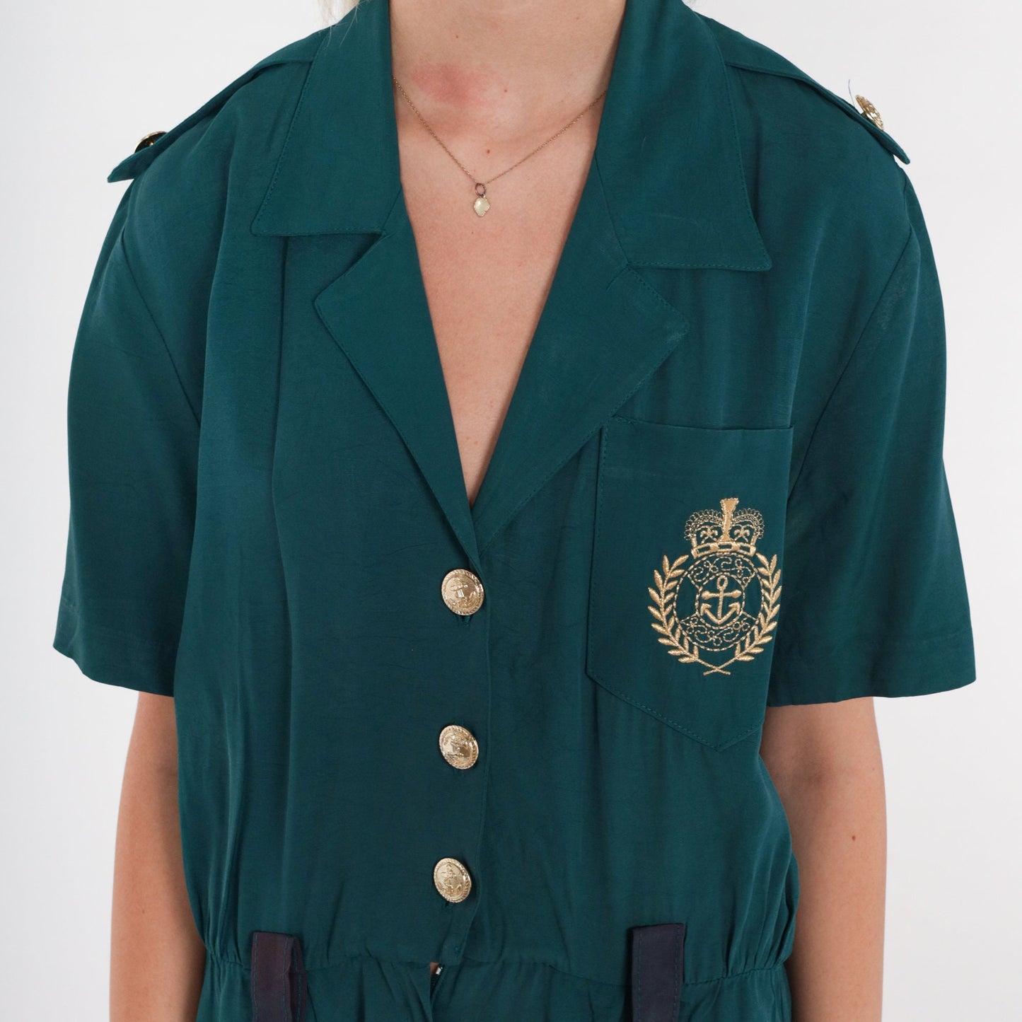 90s Nautical Teal Romper Wide Leg Button Up Epaulette Playsuit Large L