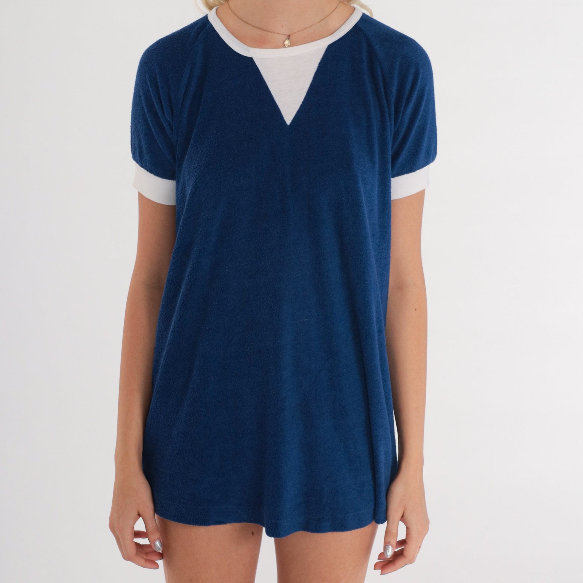 80s Jeannete Maternity Navy Terry Cloth Ringer Tee Raglan Sleeve Small