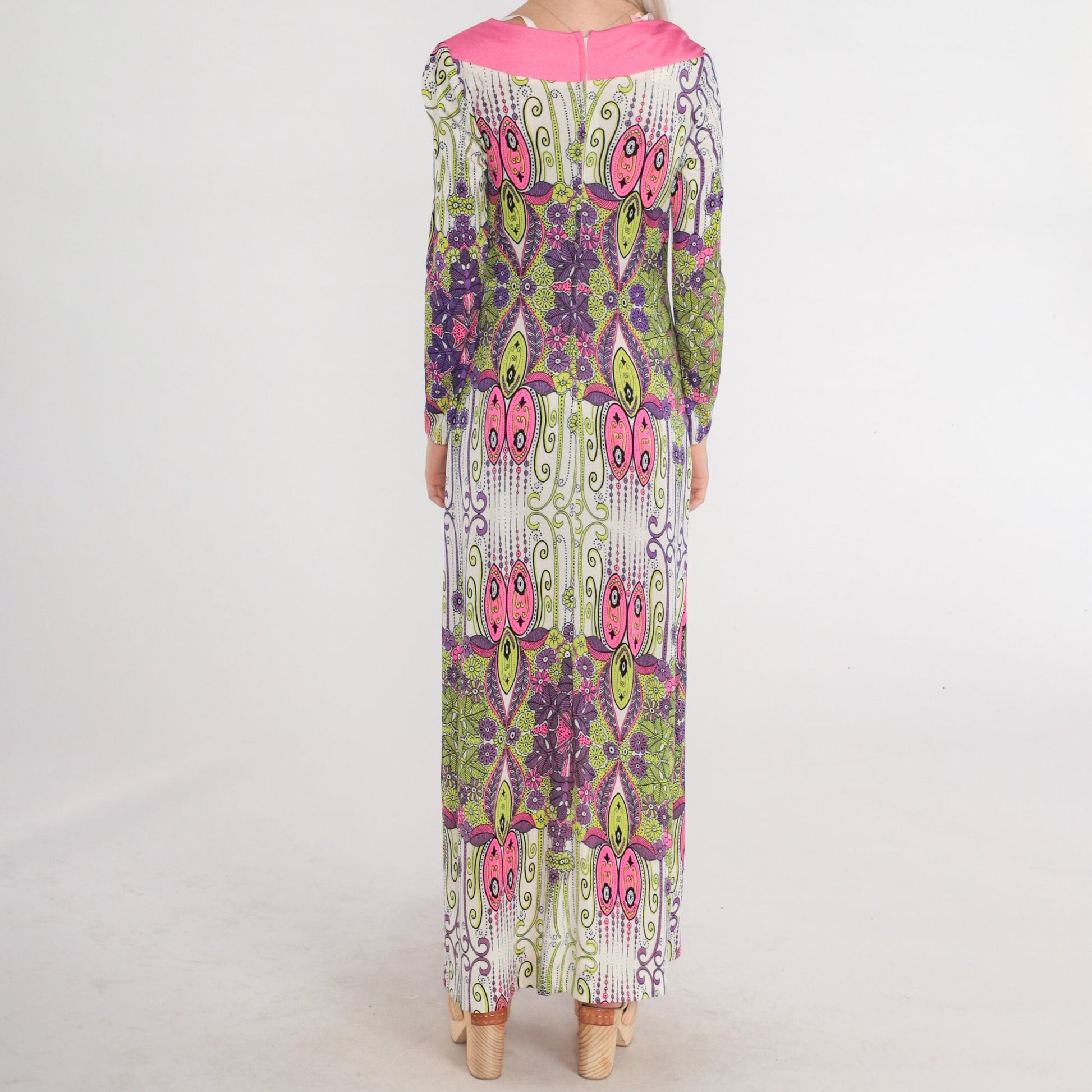 1970s Psychedelic Floral Maxi Dress Long Sleeve Hot Pink Lime Green Small
