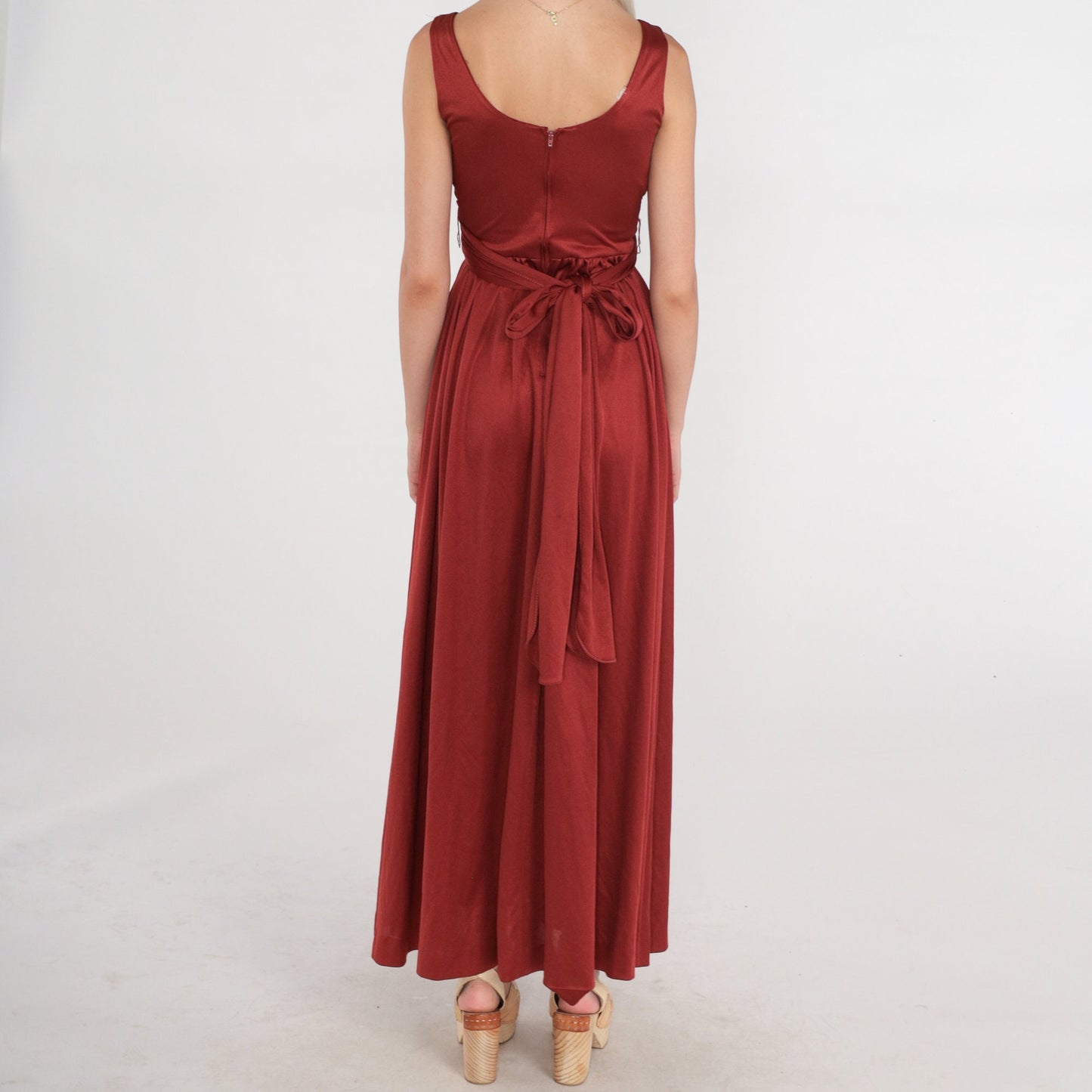 70s Rust Red Maxi Dress Deep V Wrap Bodice High Waisted Small