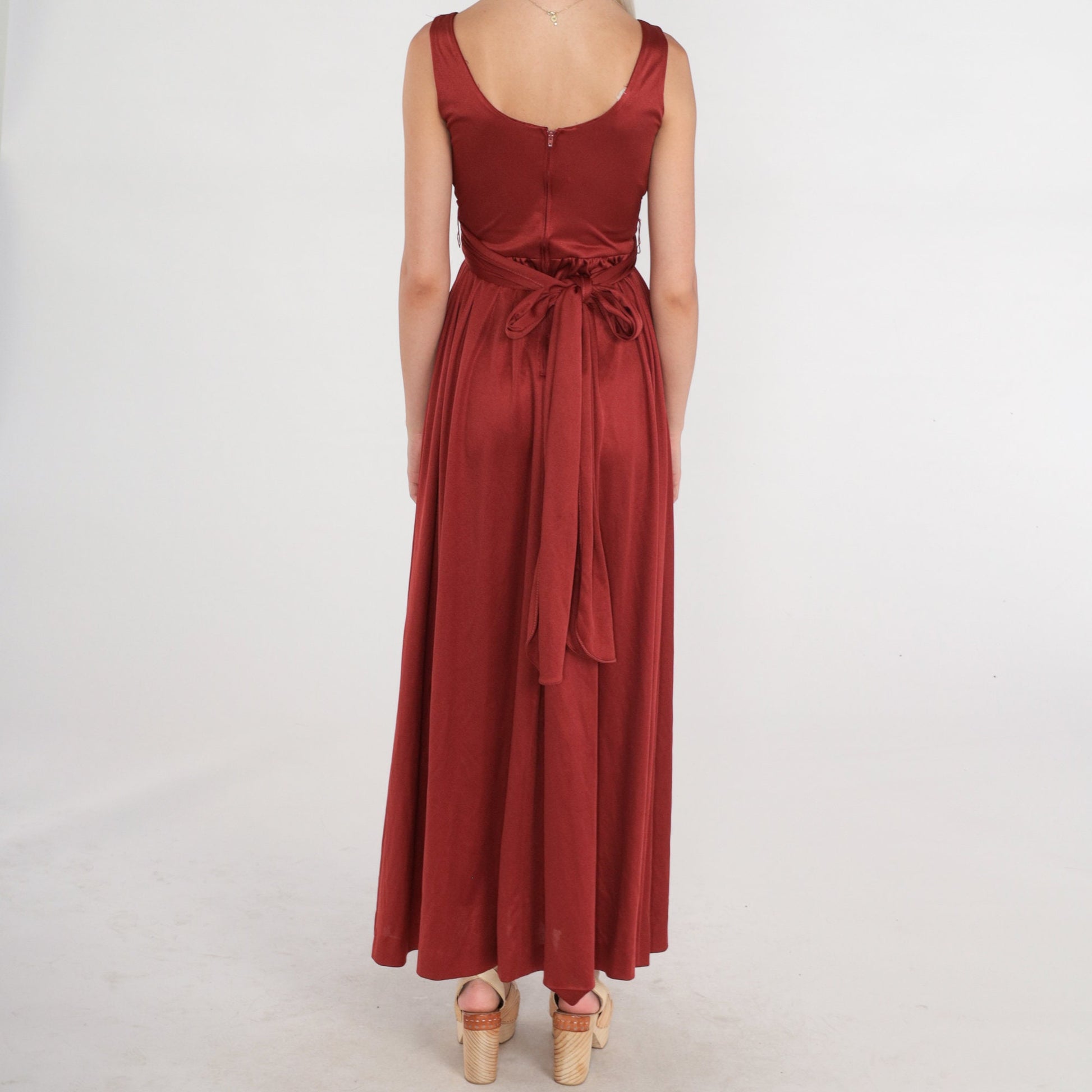 70s Rust Red Maxi Dress Deep V Wrap Bodice High Waisted Small
