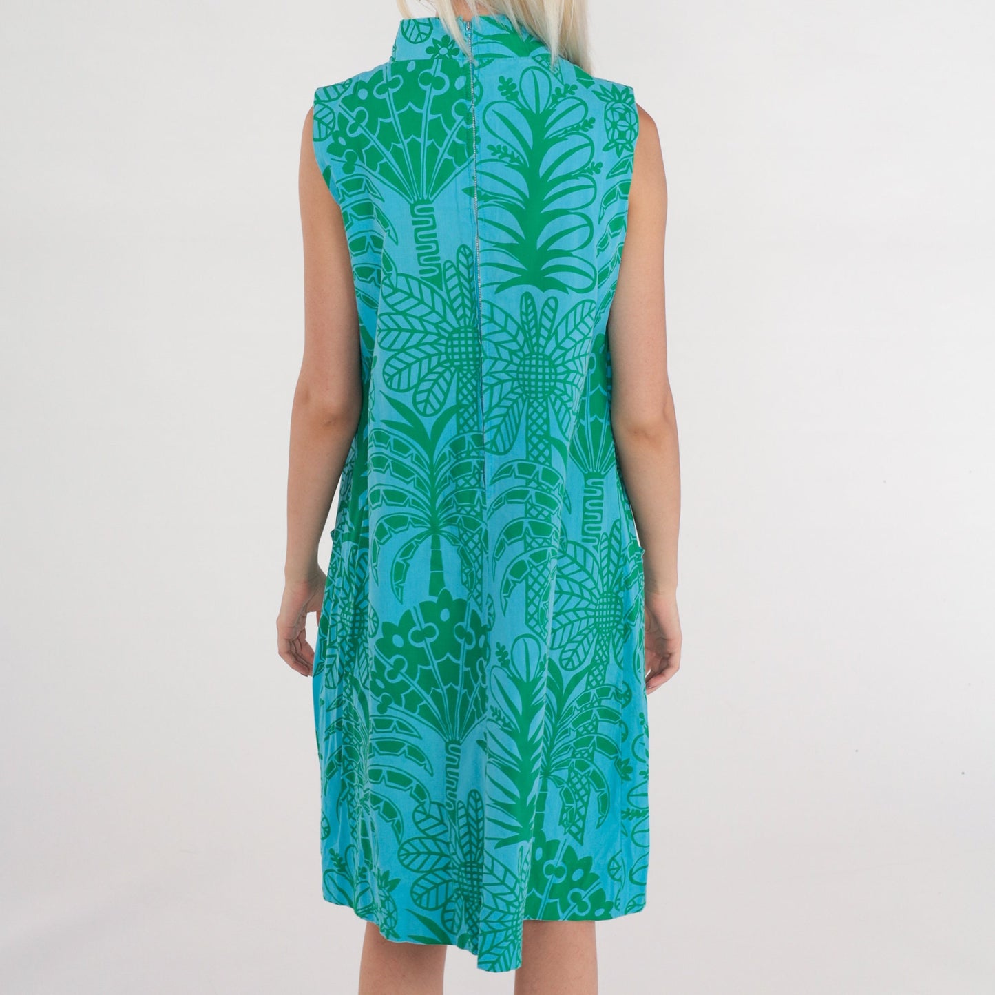 60s Ruth Clarage Tropical Palm Tree Shift Dress Blue Midi Medium