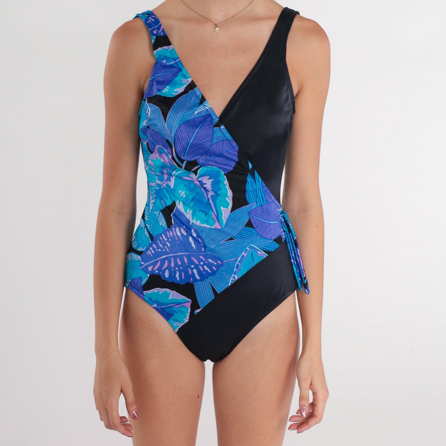 90s Tropical Leaf Print Bodysuit Tank V-Neck Small
