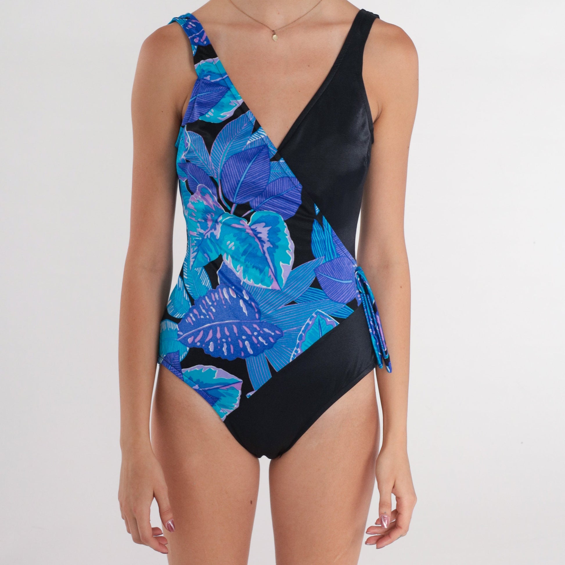 90s Tropical Leaf Print Bodysuit Tank V-Neck Small