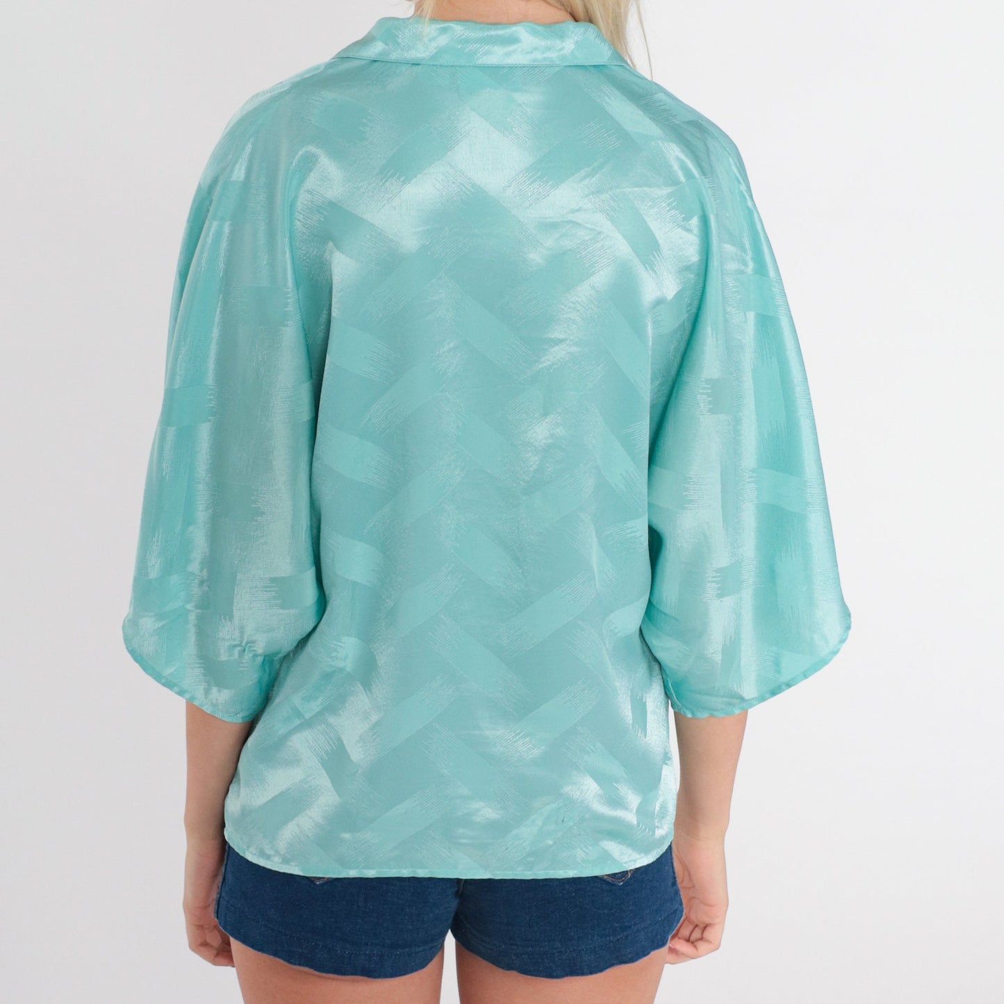 80s Seafoam Button-Up Blouse Shiny Embossed Collared Shirt Medium