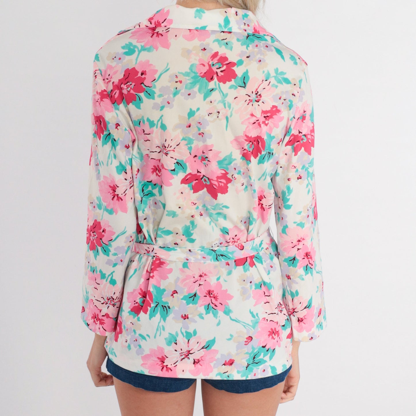70s White Floral Blouse Wing Collar V Neck Tie Belt Long Sleeve Medium