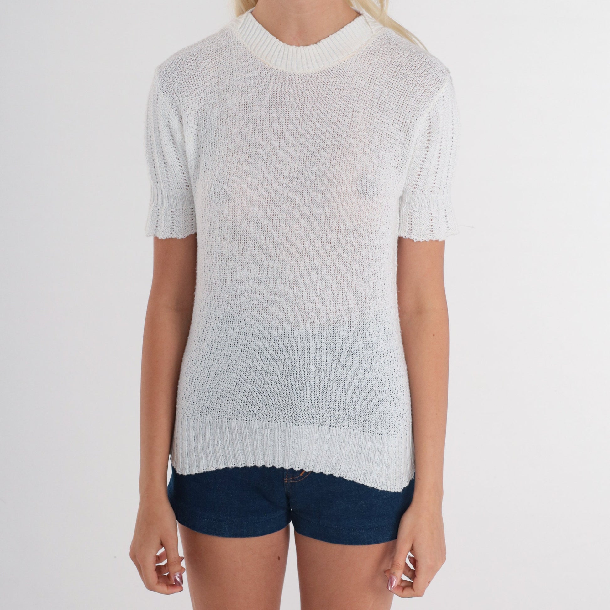 70s White Pointelle Knit Top Short Sleeve Cutout Blouse Extra Small XS