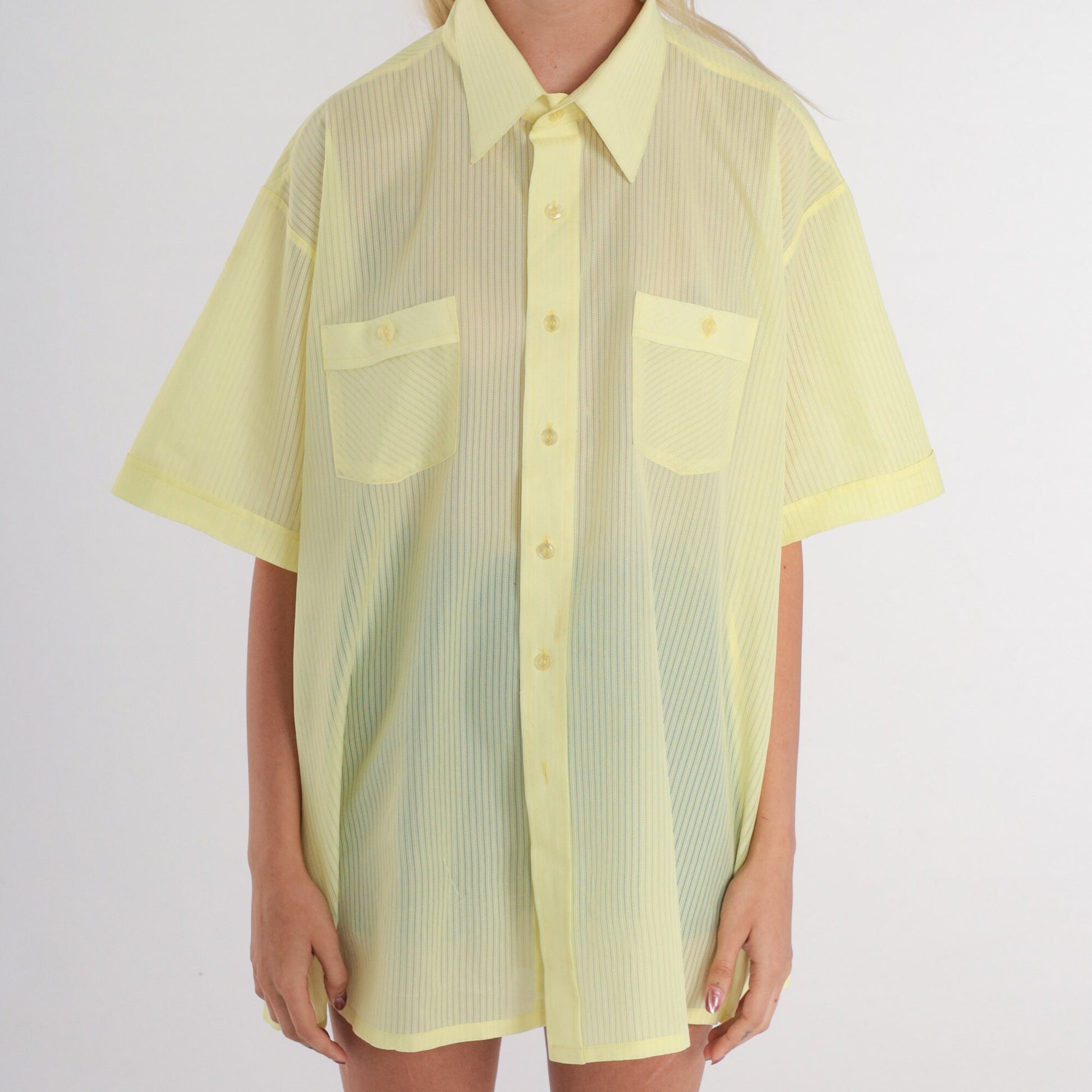 70s Yellow Striped Button-Up Shirt Semi-Sheer Short Sleeve Mens XXL