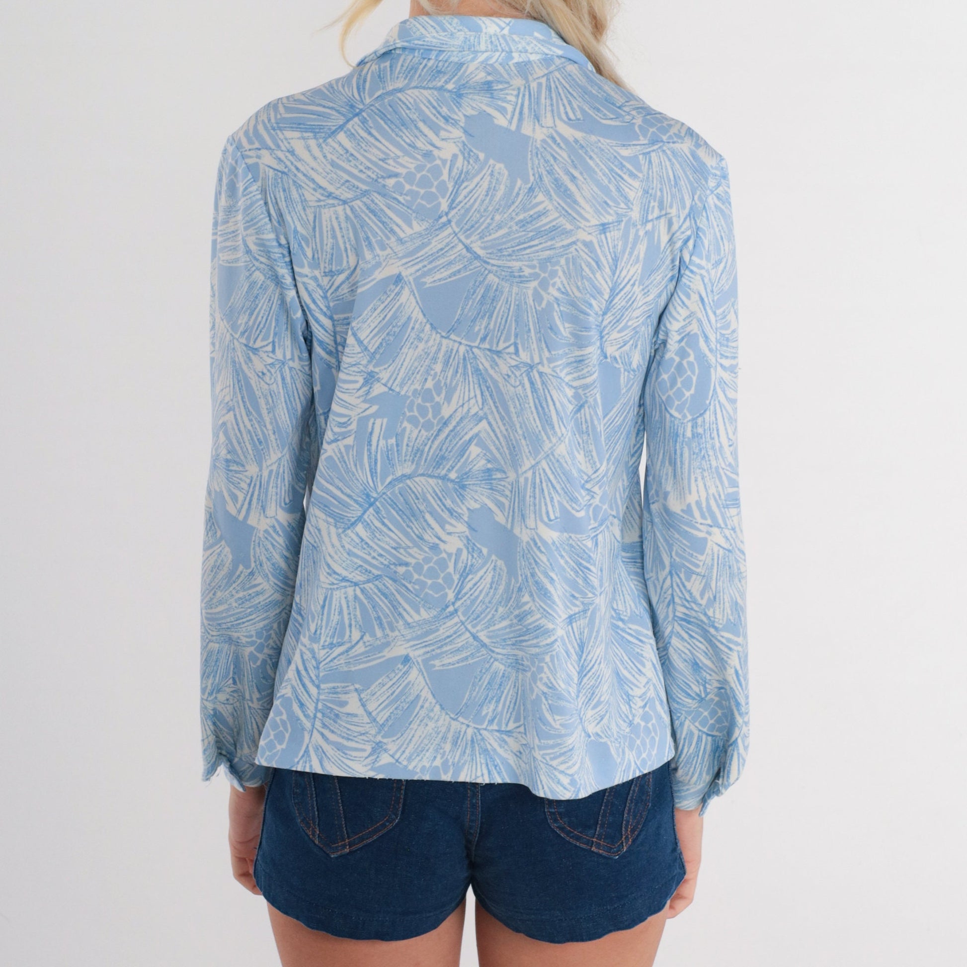 70s Pine Needle Pinecone Print Button-Up Blouse Blue White Long Sleeve Medium