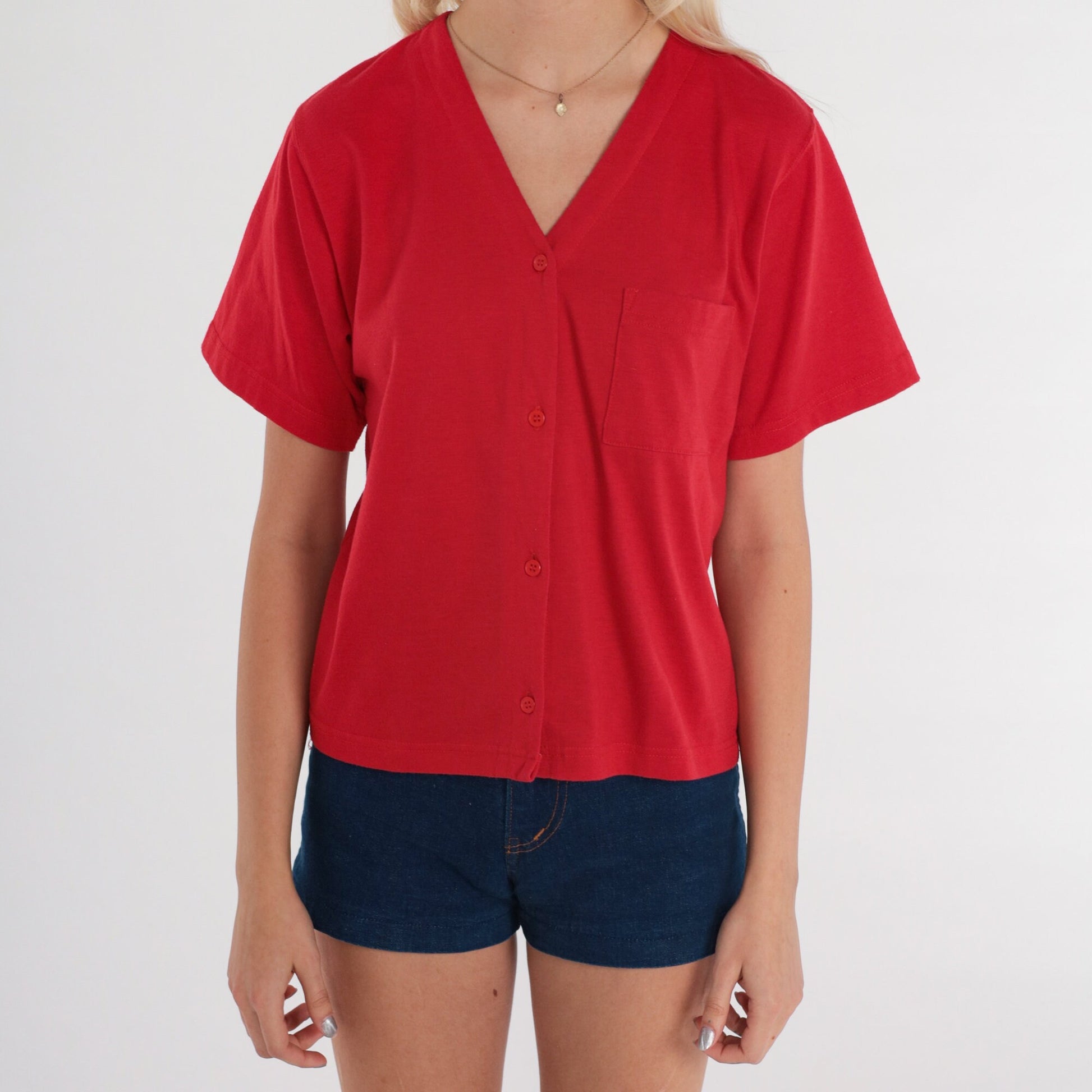 80s Red Button-Up Shirt V-Neck Short Sleeve Cotton Blend Small