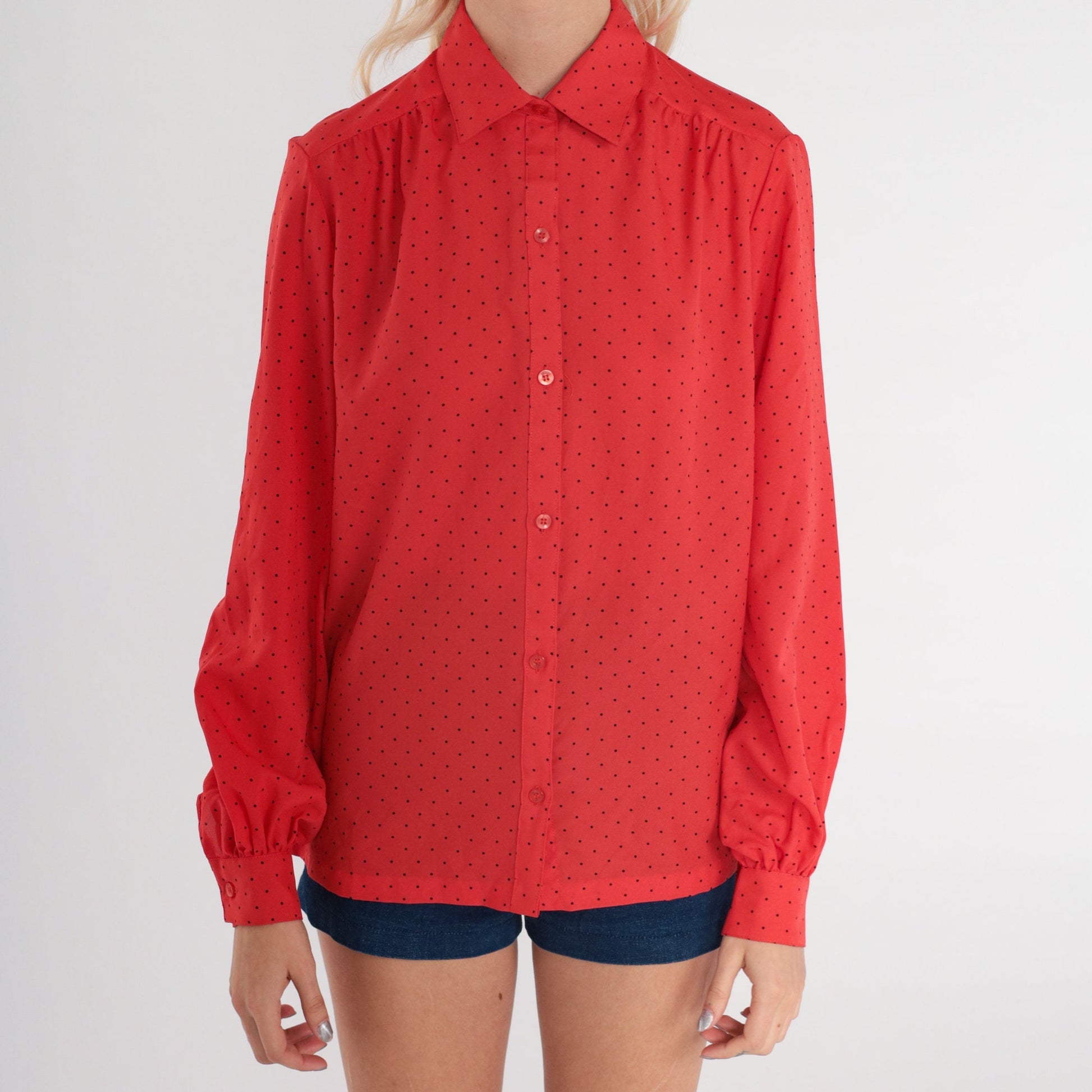 70s Red Polka Dot Button-Up Blouse Long Sleeve Collar Medium