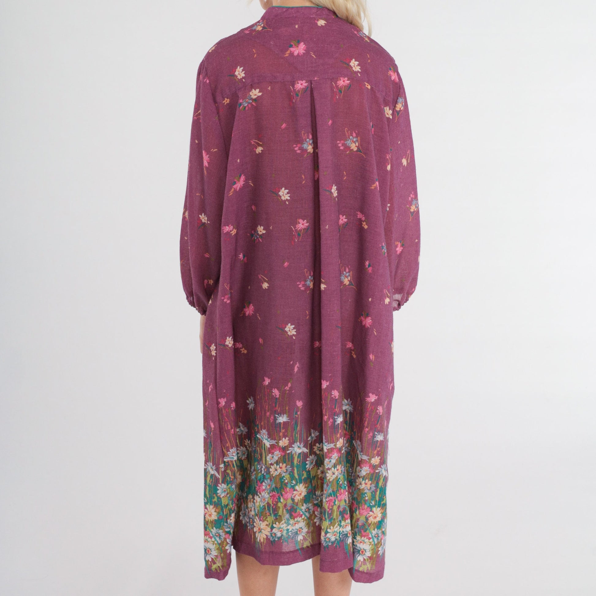 70s Wildflower Purple Floral Midi Dress Button-Up Long Sleeve Large