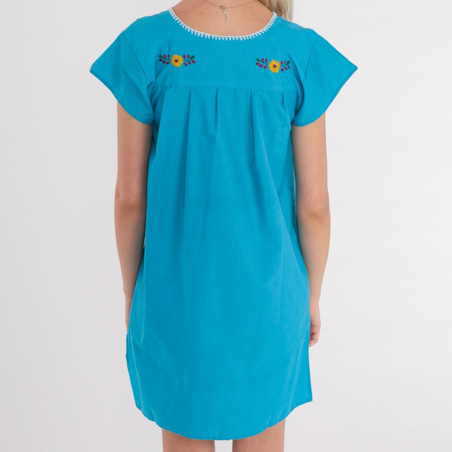 90s Mexican Floral Embroidered Mini Dress Blue Cotton Cap Sleeve Extra Small