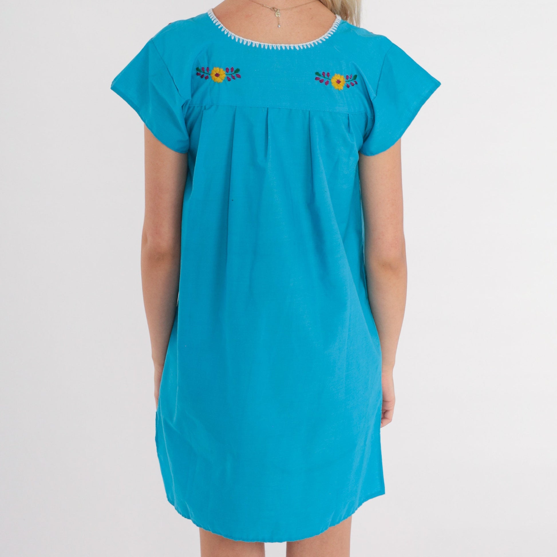 90s Mexican Floral Embroidered Mini Dress Blue Cotton Cap Sleeve Extra Small