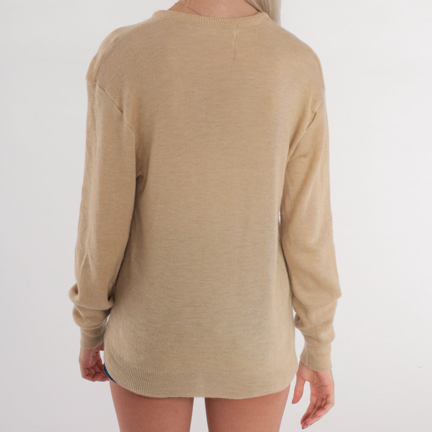 70s Tan V-Neck Knit Sweater Slouchy Pullover Small S