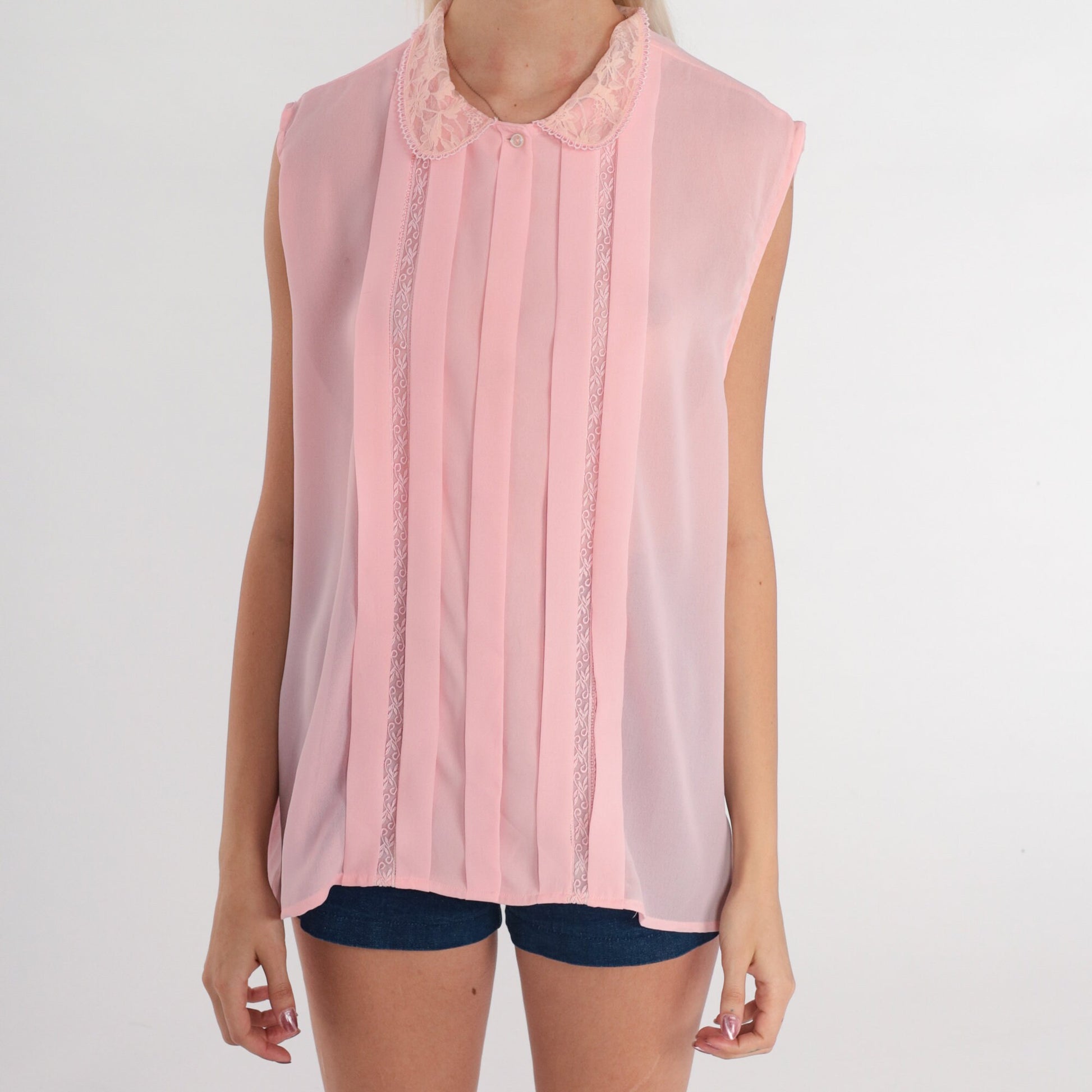 80s Baby Pink Lace Peter Pan Collar Sleeveless Button-Up Blouse Medium