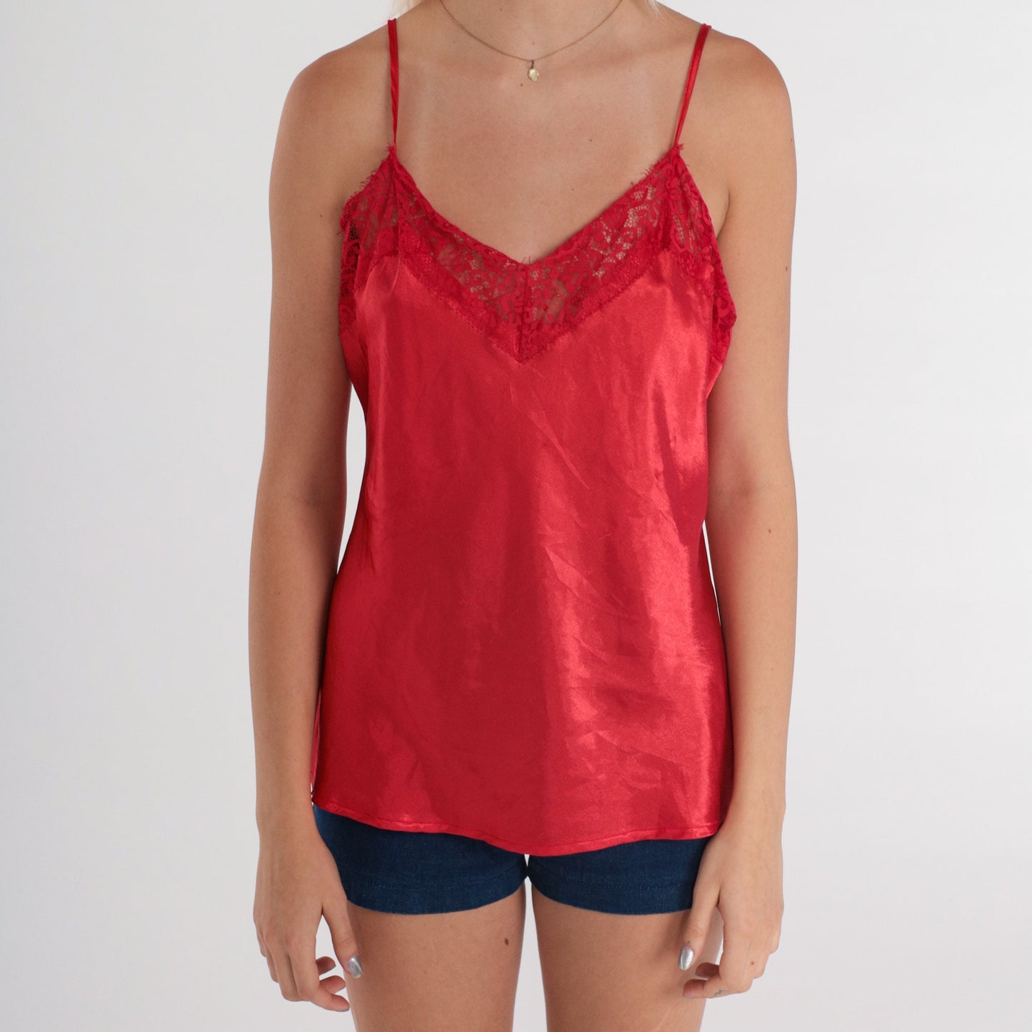 90s Red Lace Camisole Tank Top Vintage Lingerie Medium M
