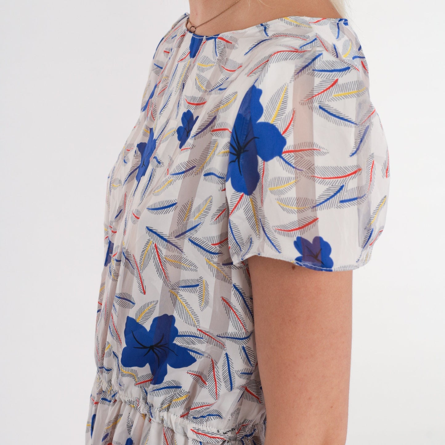 80s Striped Floral Hibiscus Leaf Print Dress High Waist Short Sleeve Knee Length XS